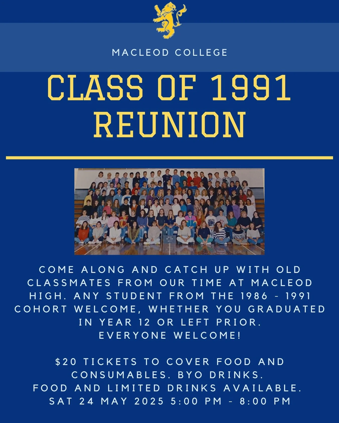 This Saturday May 24th, Macleod College will be hosting the Class of 1991 Reunion 👏🏼 Tickets available here: https://www.trybooking.com/events/landing/1404020