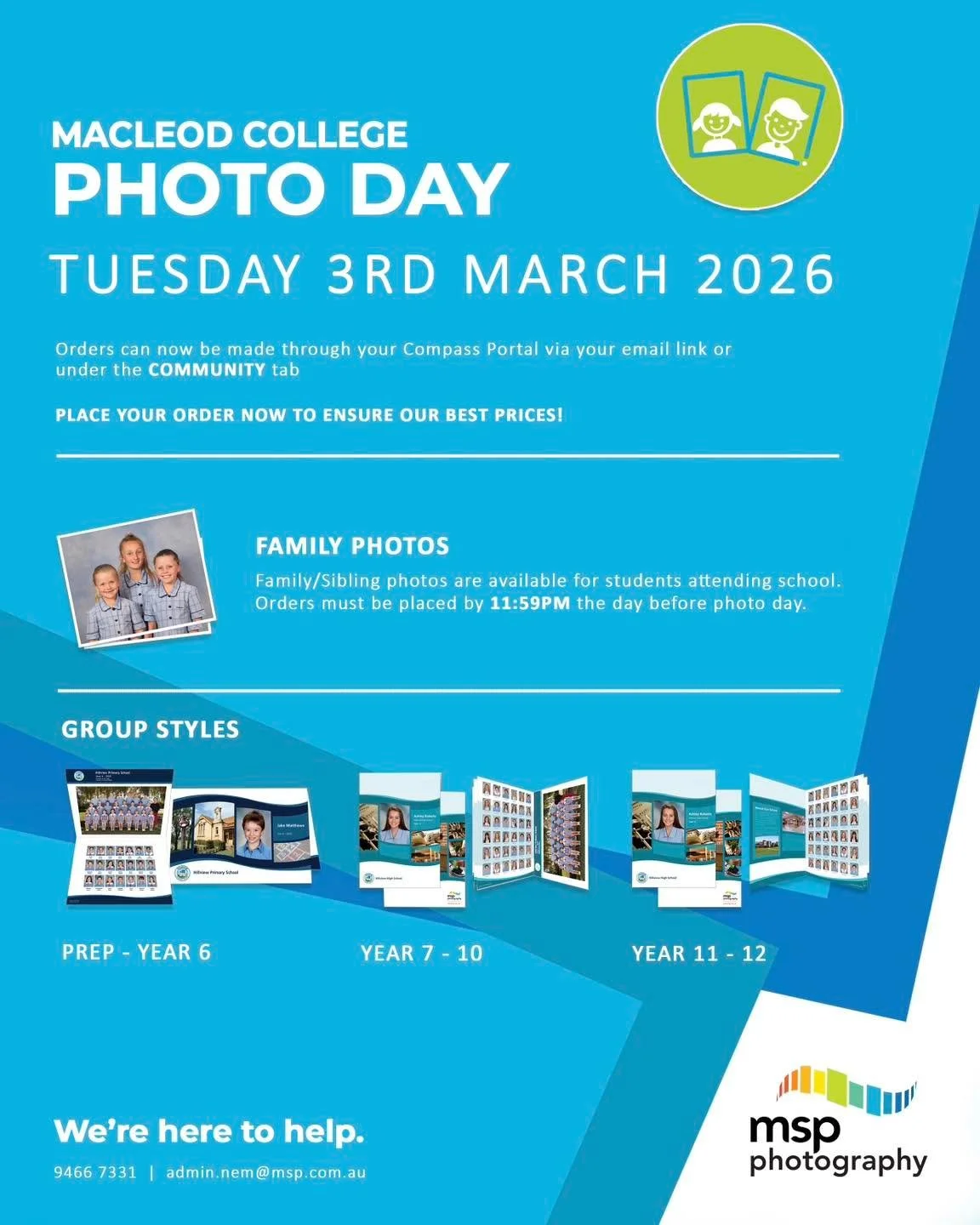 It&rsquo;s that time of year again - School Photo Day! To order your photo packages, head to the Community Tab on Compass (the people icon). 
If you would like to order family/sibling photos, they need to be placed by 11:59pm on Monday 2nd March. 

T
