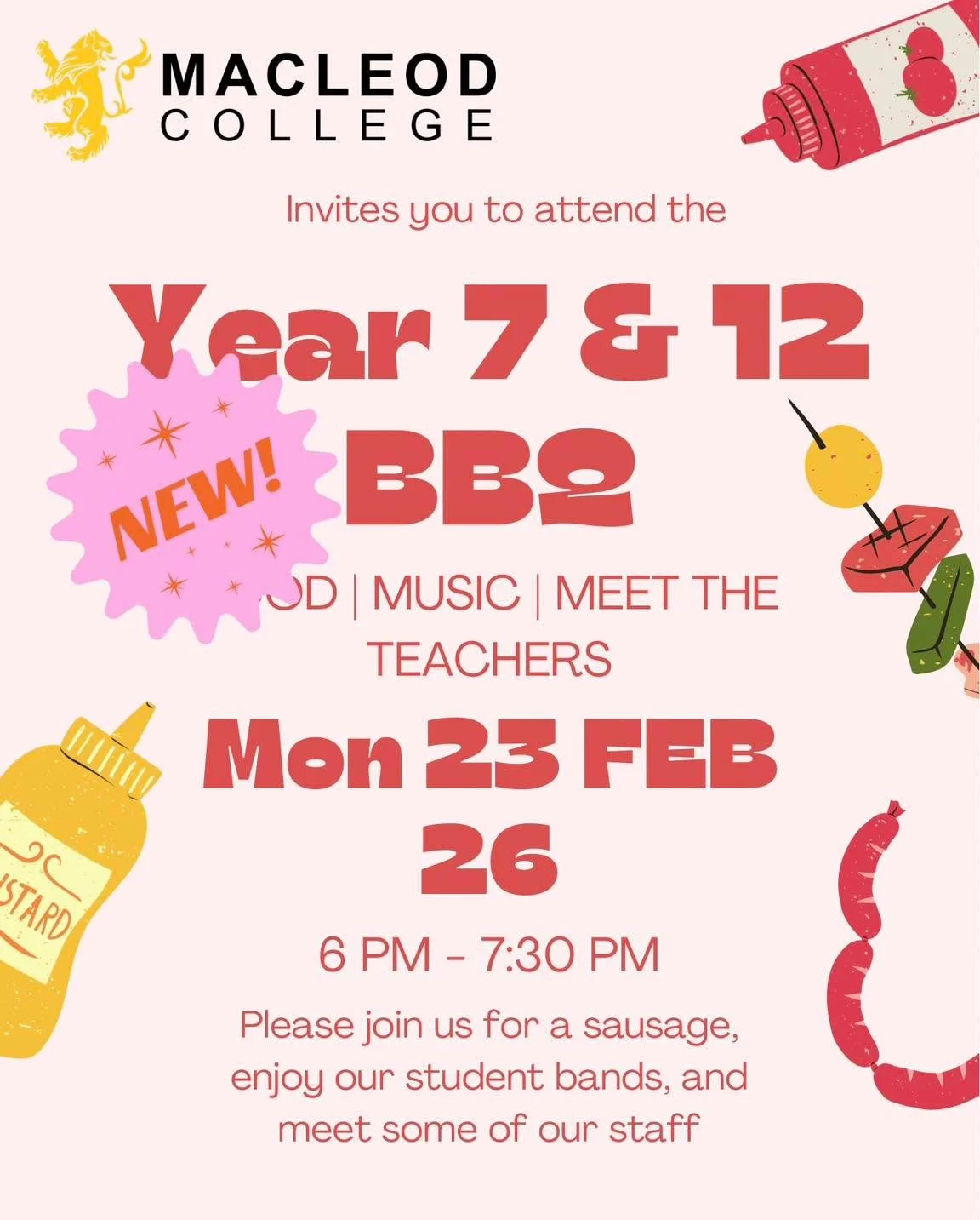Unfortunately due to the extreme weather and the total fire ban today, we have had to postpone our Year 7 &amp; 12 BBQ. The new date is MONDAY 23 FEB.

✨ CONNECT ✨ 
Please join us for our Year 7 and 12 Welcome BBQ! This is an evening where parents an