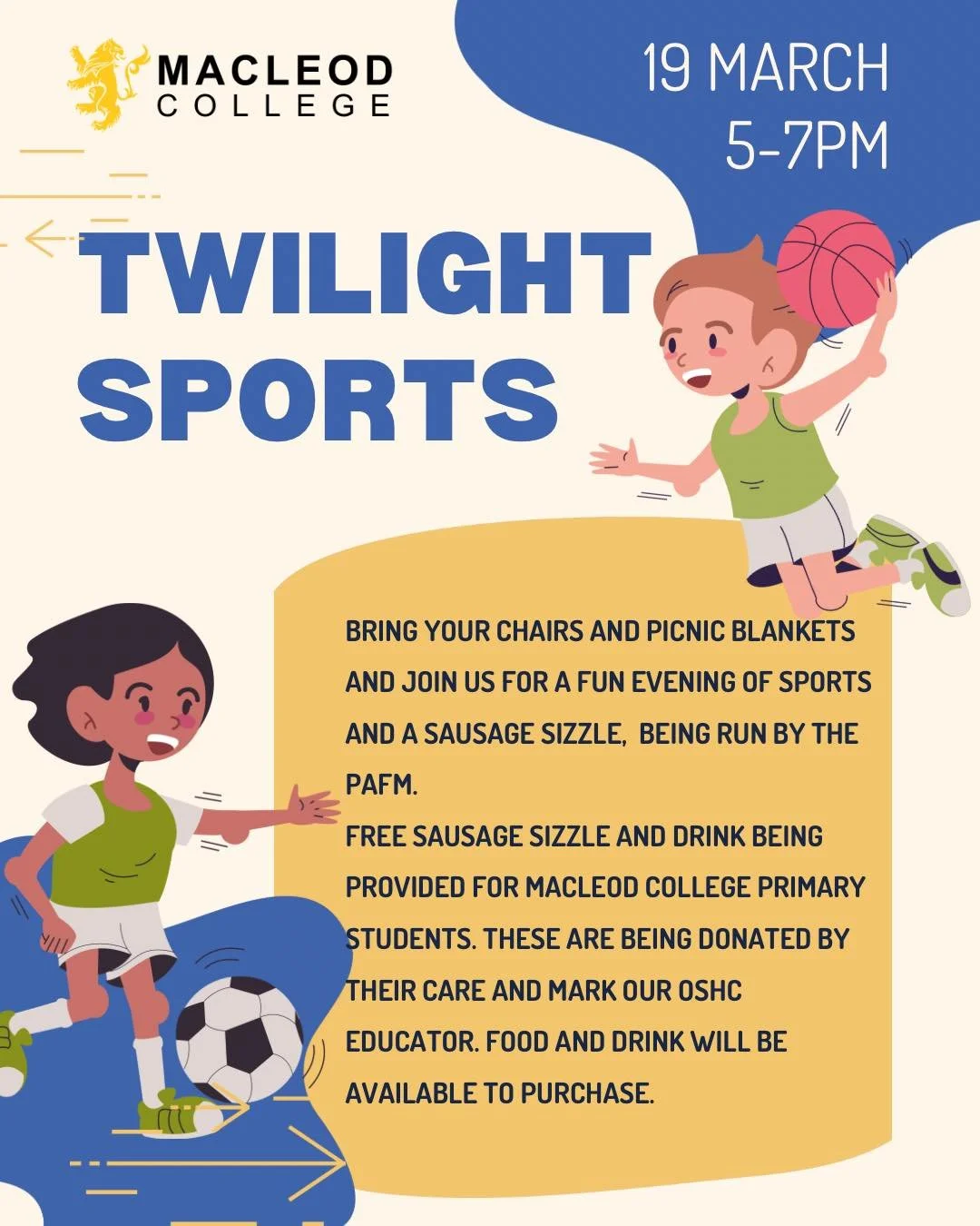 ✨ ACHIEVE &amp; CONNECT ✨ 
We warmly invite our Primary families to join us for an evening of sports and sausage sizzle at our Twilight Sports night, this Thursday 19th, from 5-7. 
We would like to thank Their Care and Mark, our OSHC Educator for the