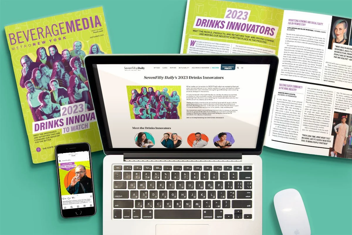 2023 Drinks Innovators Magazine cover, layout, web graphics, and social media campaign for Provi / SevenFifty Daily