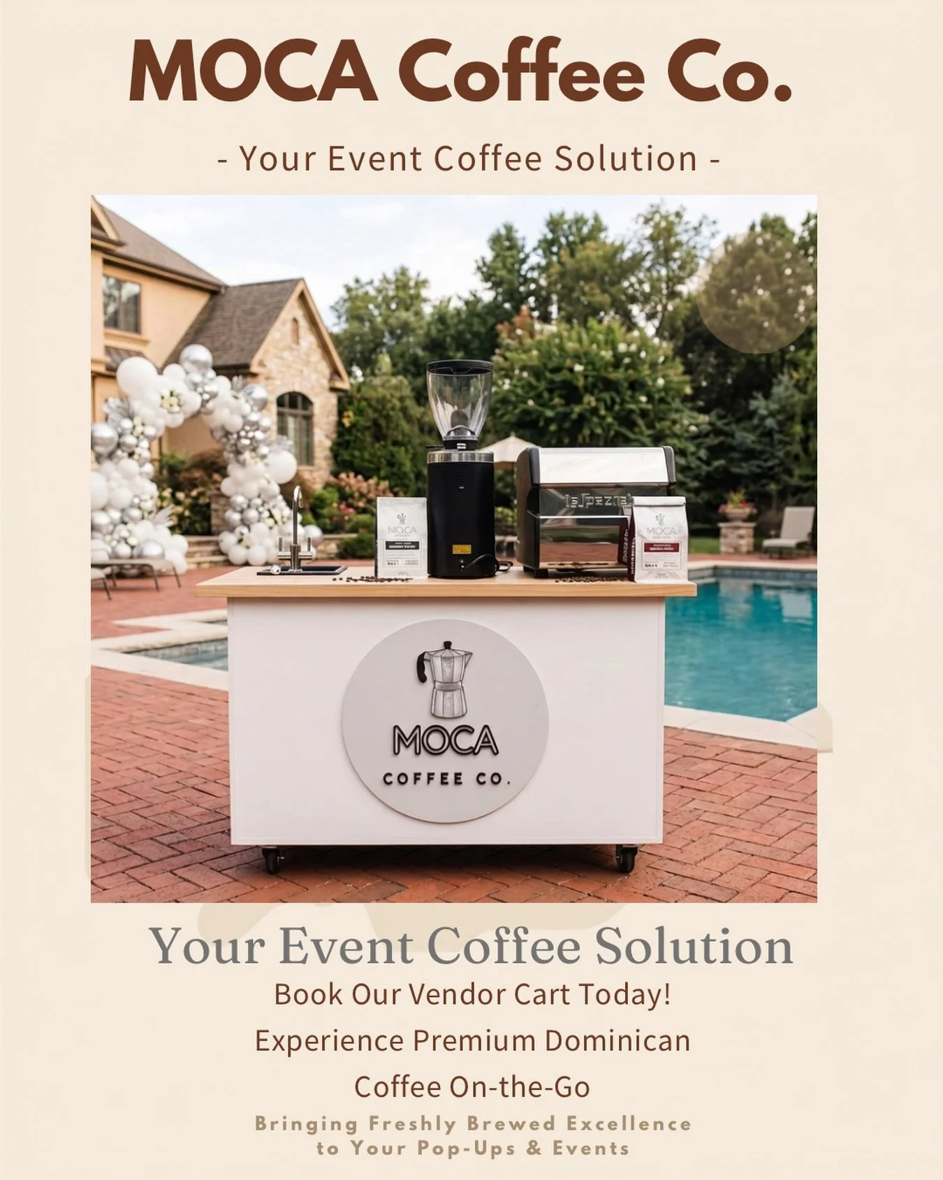 Exciting news from Moca Coffee Co.!
Our brand-new vendor cart is ready to serve fresh, handcrafted Dominican Republic coffee at your next event or pop-up! Perfect for parties, weddings, markets, and corporate gatherings.
Visit www.mocacoffeeco.com or