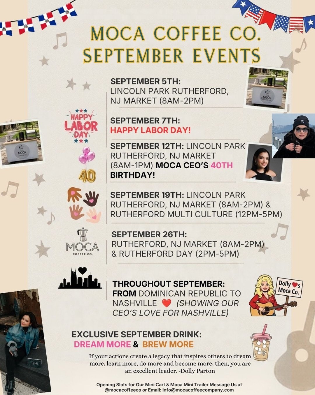Upcoming Events: Creamy, carnival-sweet with a Dominican Twist! September&rsquo;s coffee drinks DREAM MORE and BREW MORE. It&rsquo;s a delicious bridge between the Dominican Republic and Nashville with a splash of Dolly Parton&rsquo;s iconic energy, 