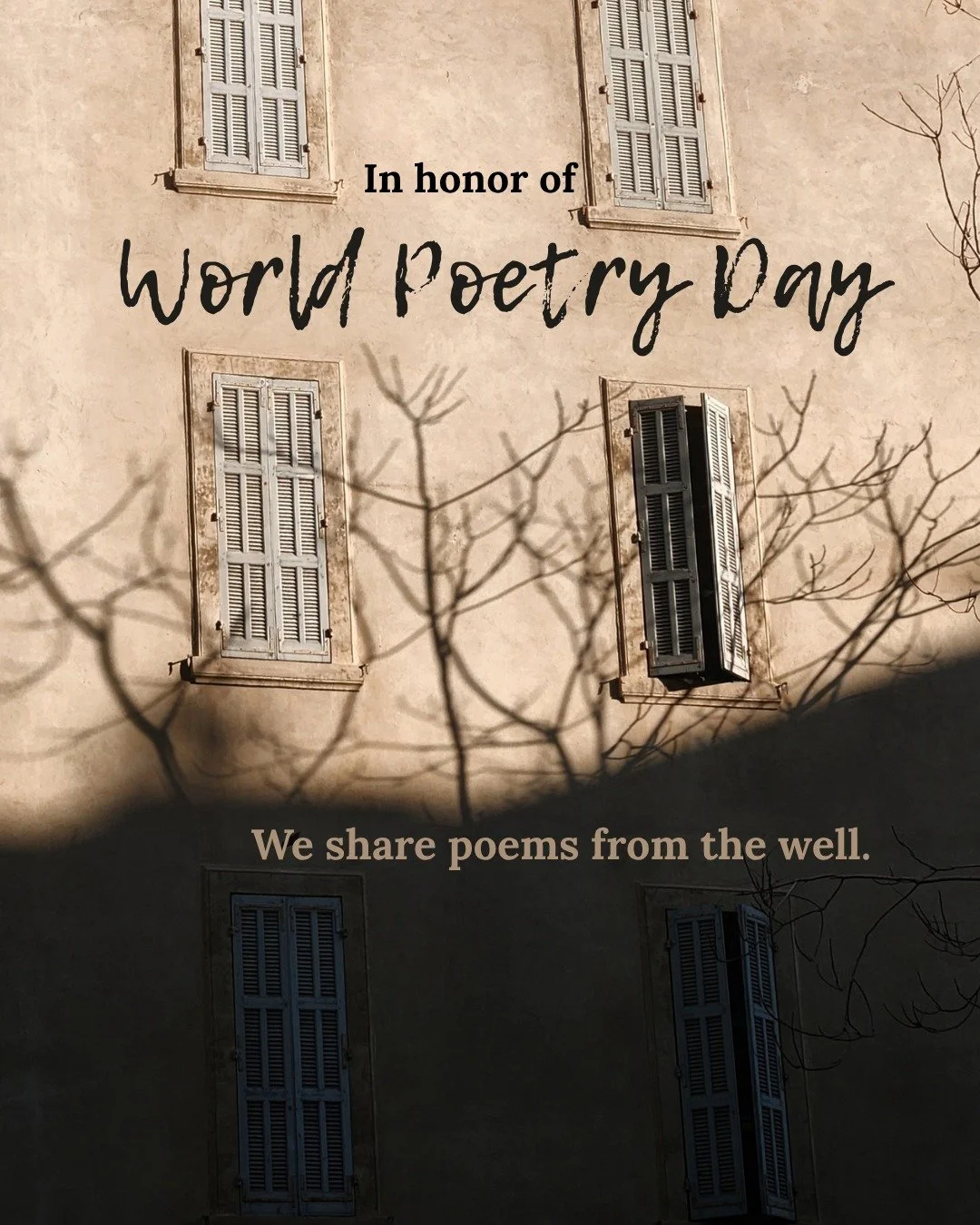 March 21, 2026. World Poetry Day.

Written poetry, spoken word, oral tradition, nursery rhymes, prayers.

Poems for hope, poems for resistance, poems for surviving, poems for healing, poems for joy, poems for worship, poems for play, poems for childh