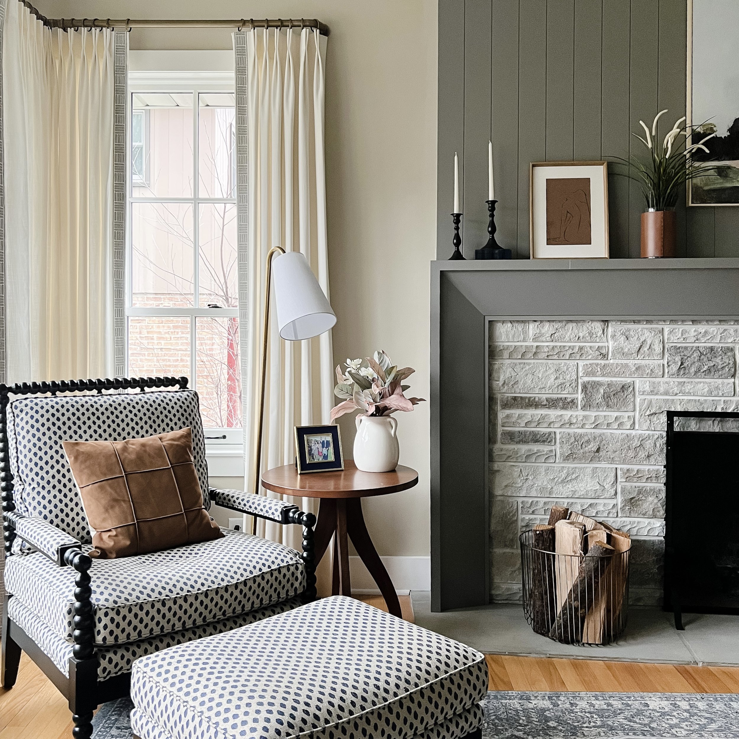 Franklin House Interiors fireplace design with custom furniture and window treatments