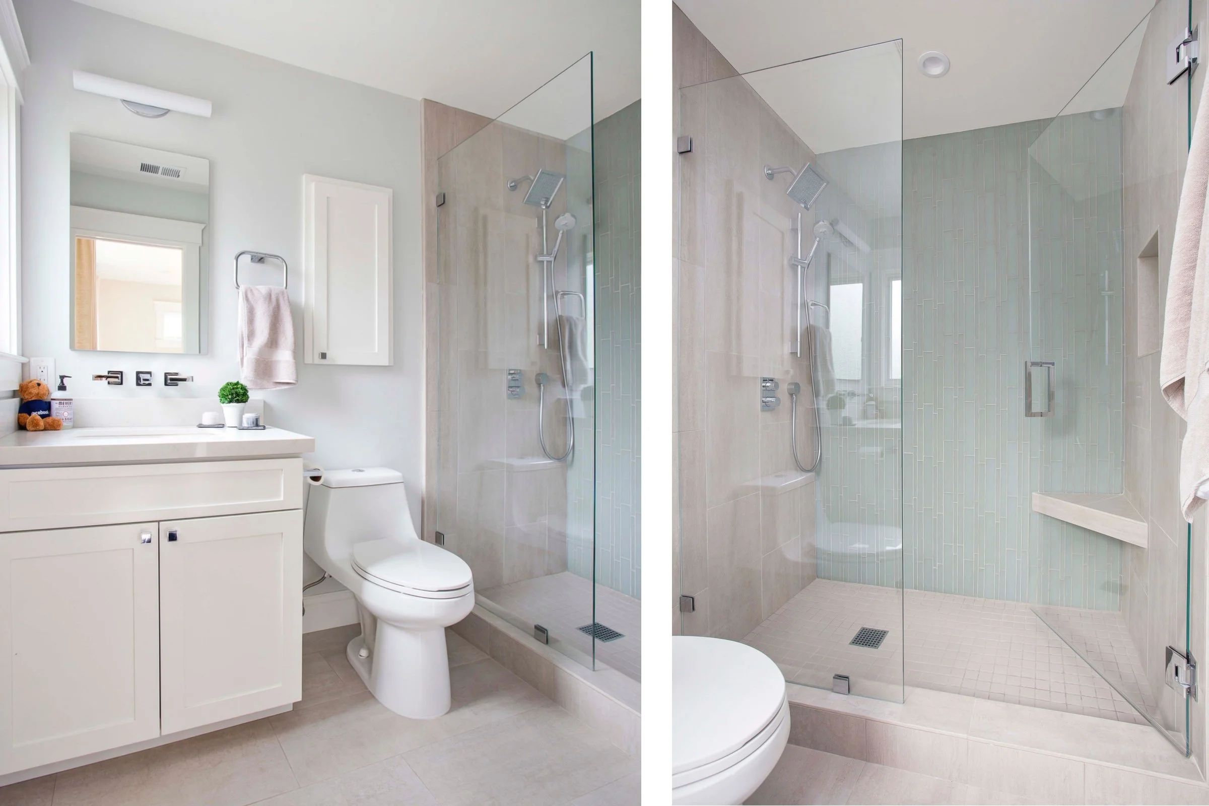 Side-by-side comparison of a bathroom with a vanity and a shower with glass door, shown from different angles.