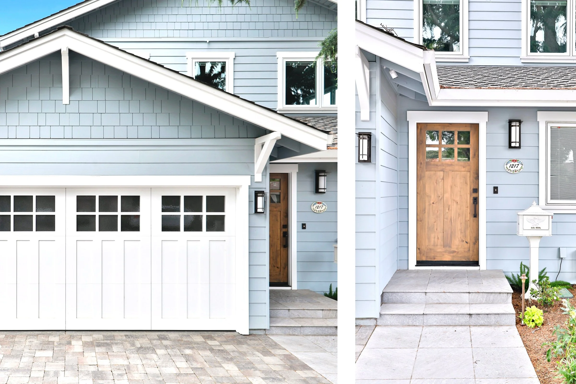 Side-by-side comparison of two house front entrances, both with light blue siding, black lighting fixtures, and concrete steps leading to a wooden door. The left side features a white garage door, while the right side shows a wooden front door with a