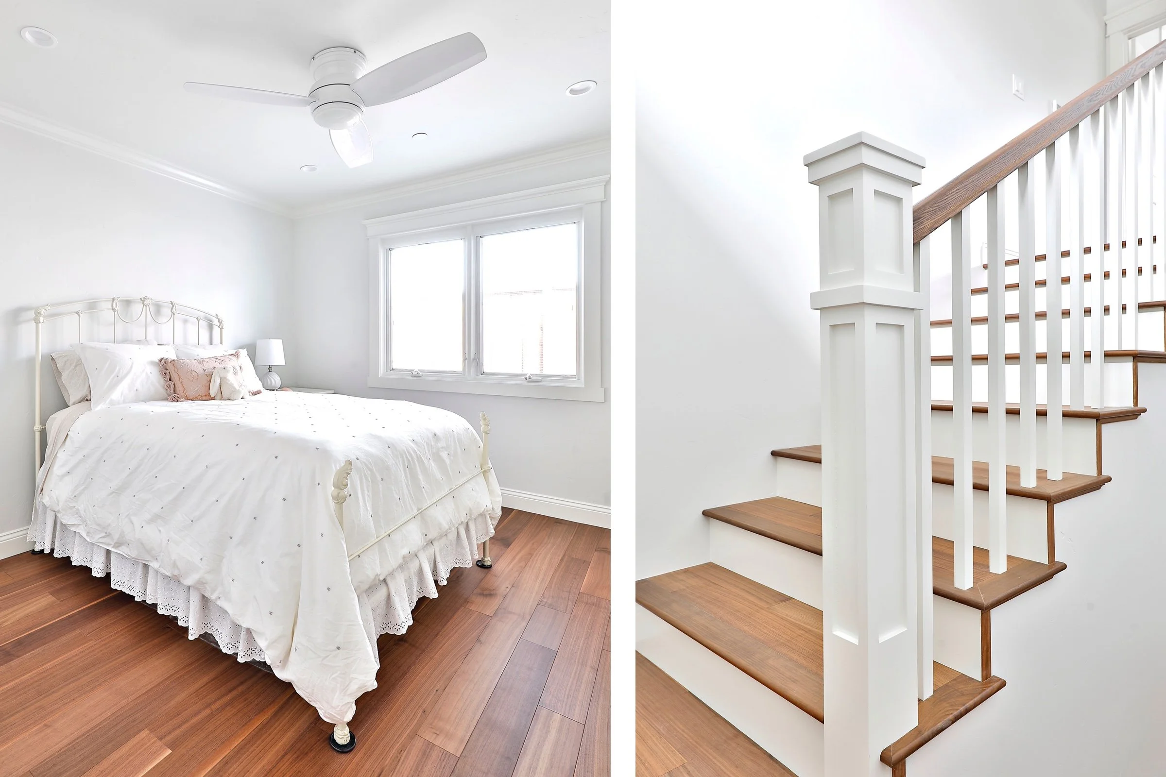 A bedroom with white walls, a bed with white bedding and pillows, a window, and a ceiling fan on the left; a staircase with wooden steps, white balusters, and a wooden handrail on the right.
