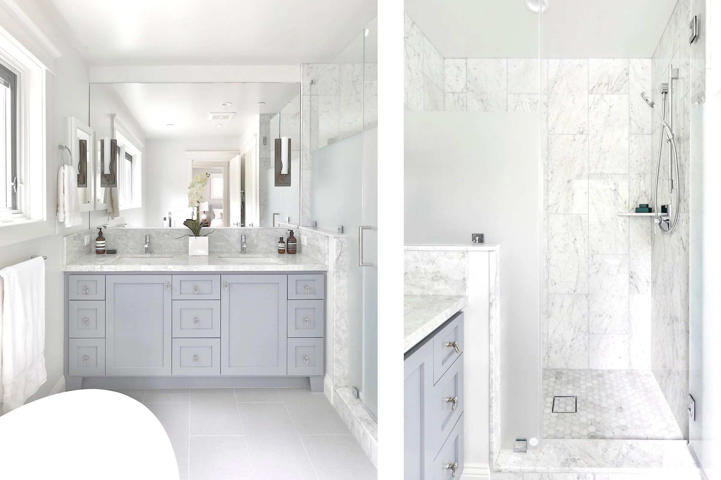 Bathroom with double vanity, marble countertops, and shower with marble tiles on the left. The right shows a separate shower area with white marble tiles, a handheld showerhead, and a small shelf with toiletries.
