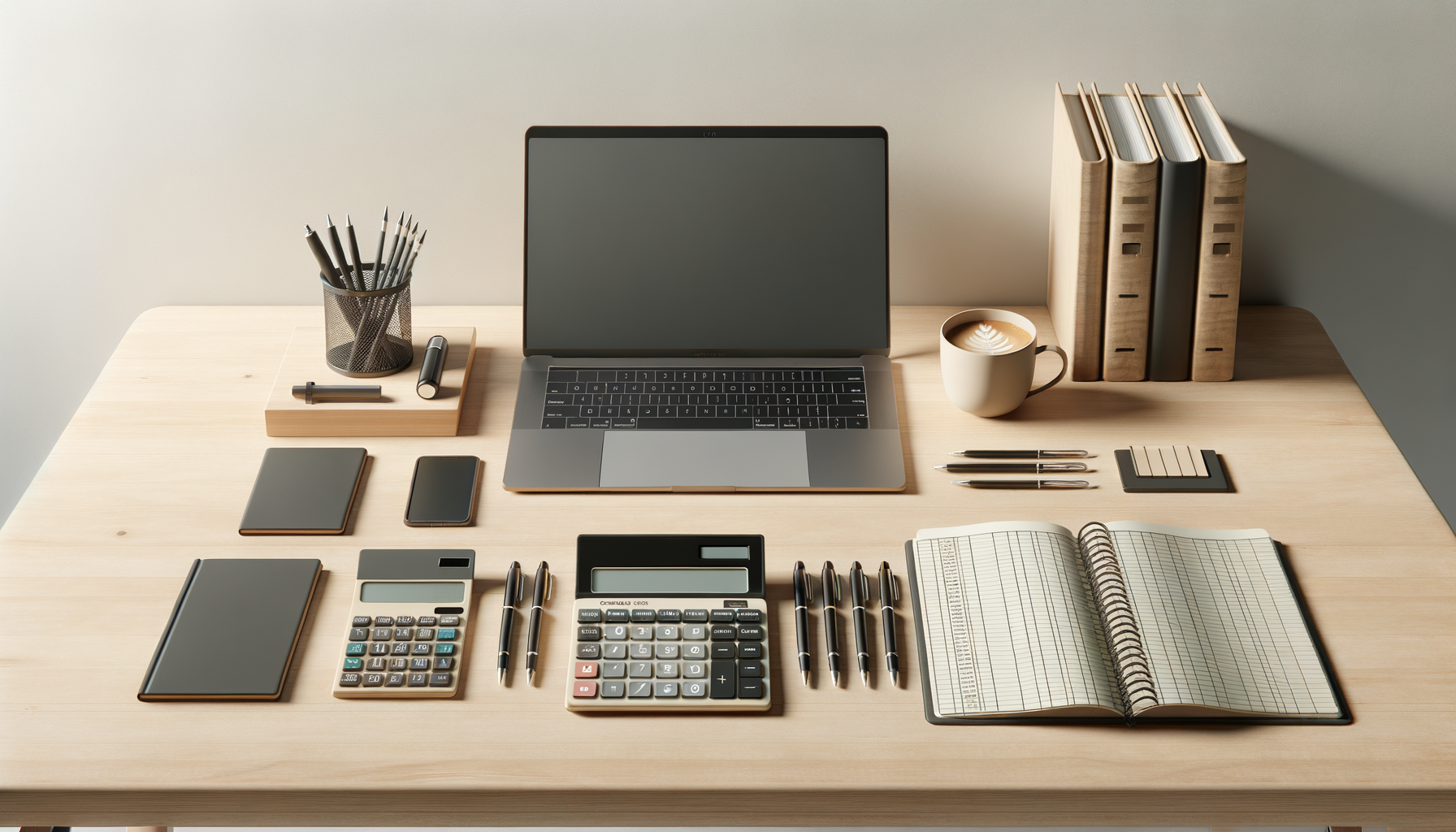 A neat, organized desk with a laptop, notebooks, pens, calculators, a smartphone, a coffee mug with latte art, and binders, all arranged on a light wood surface.