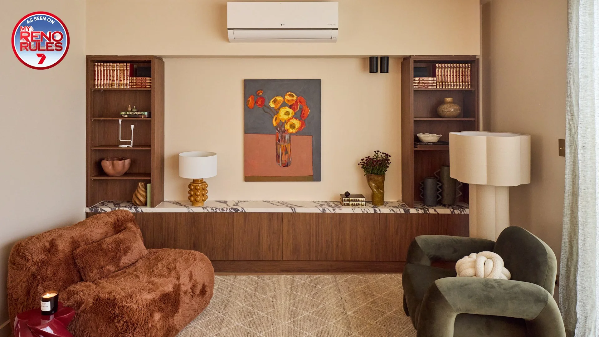 Shaz and Mitch’s library and entertainment unit on My Reno Rules, featured on Channel 7, was a dramatic 24-hour transformation, where a basic flat-pack unit was removed and replaced with a custom-built statement piece. Crafted using Polytec Florentin