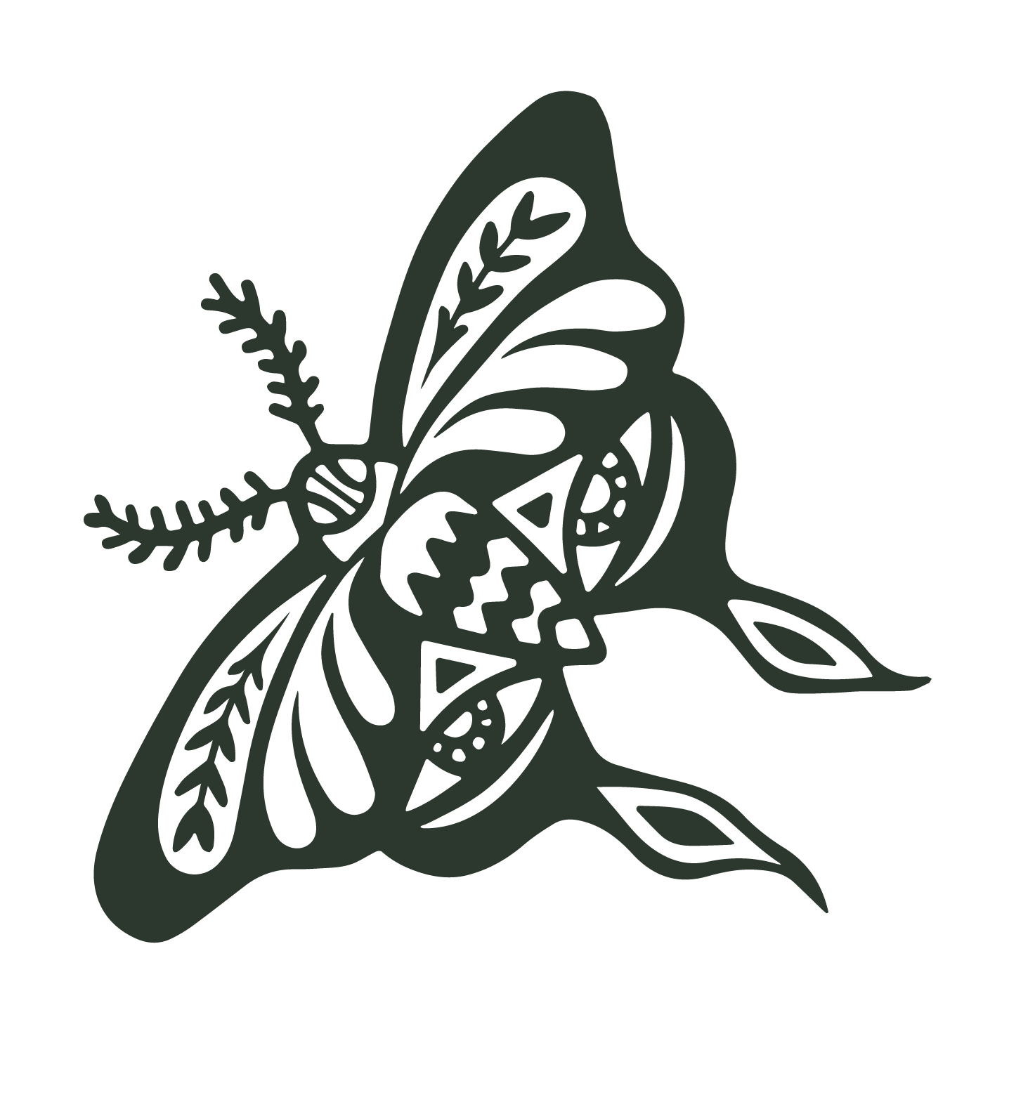 Outline illustration of a butterfly with decorative floral and leaf patterns.