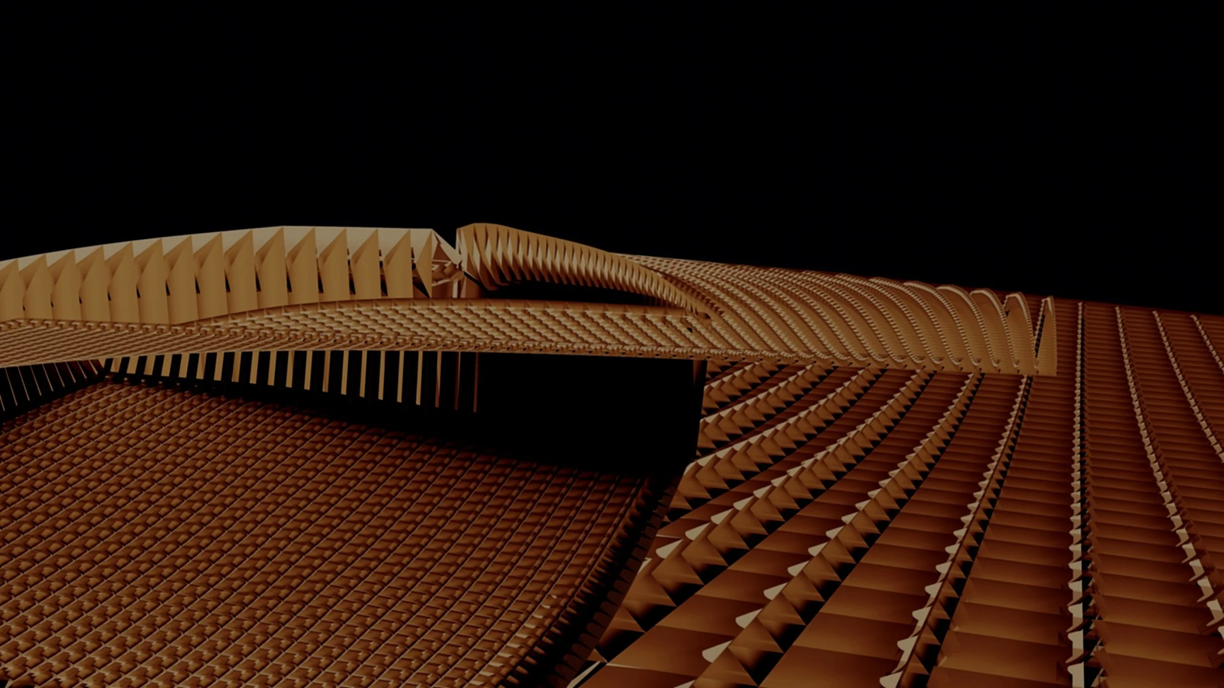 Estructura arquitectónica moderna con diseño geométrico y repetitivo en color marrón, sobre un fondo oscuro.