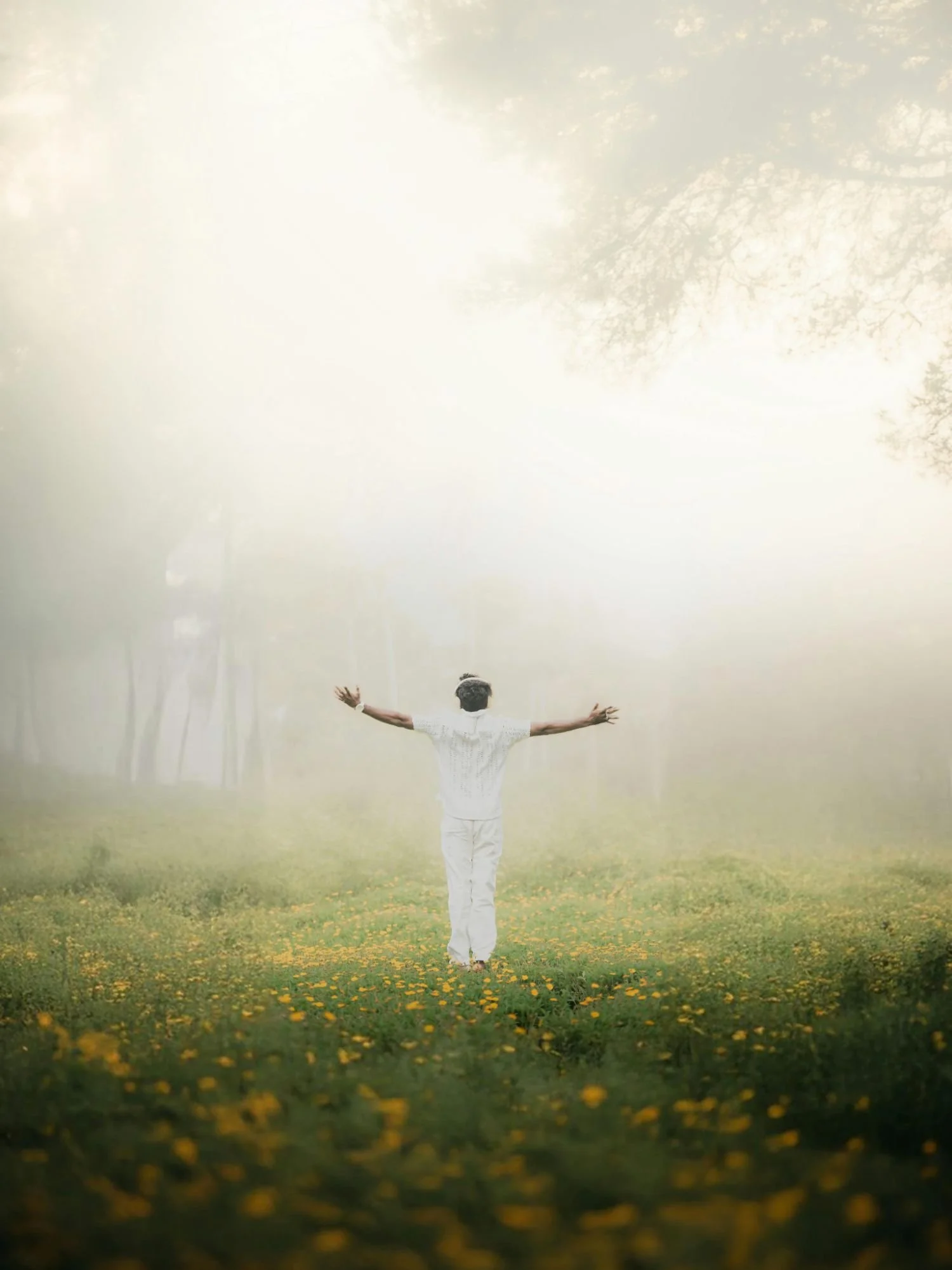 A person dressed in white walking with arms outstretched in a foggy, green meadow with yellow flowers.