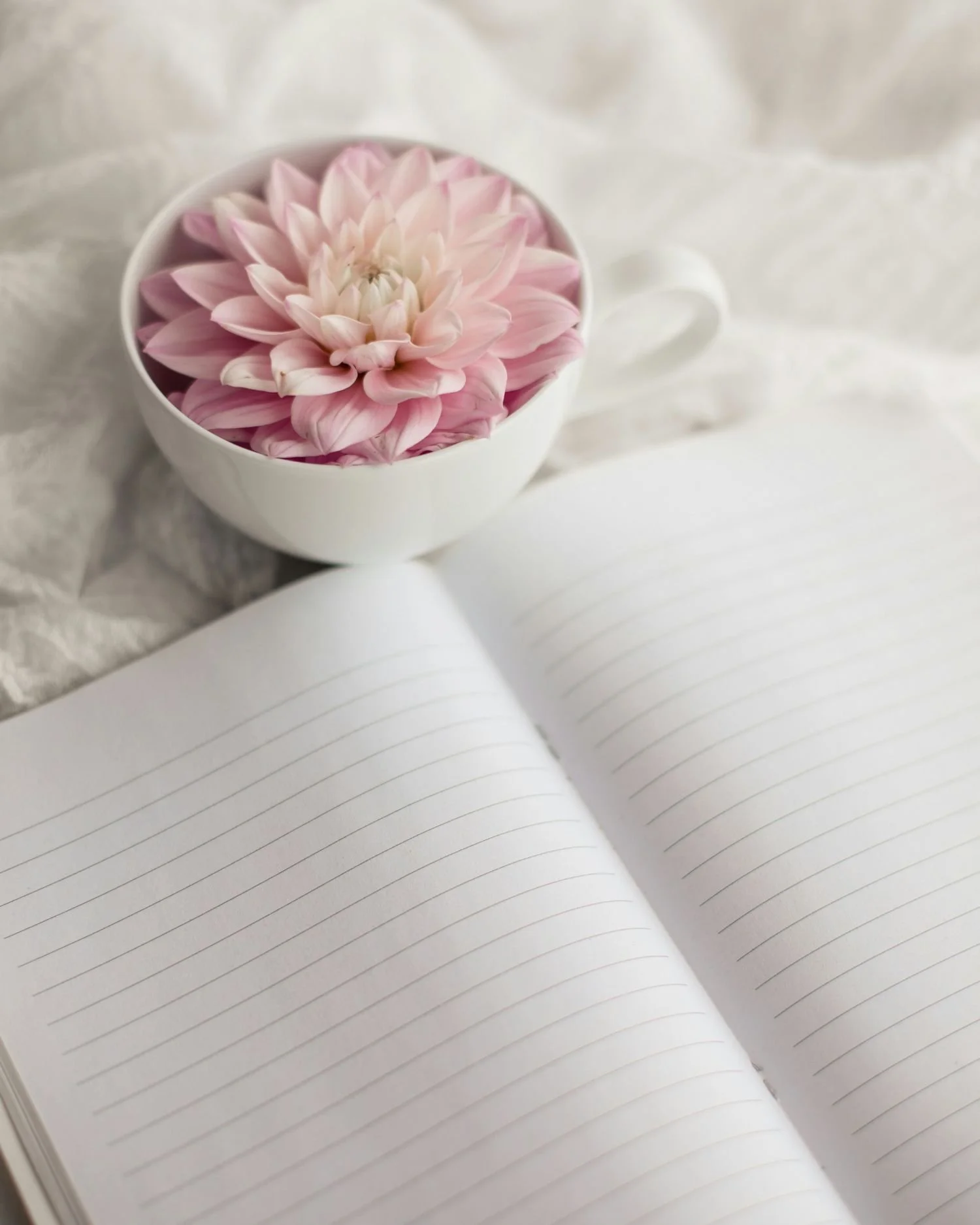 Open notebook with lined pages, a white teacup filled with a pink and white dahlia flower, all on a light, textured fabric surface.