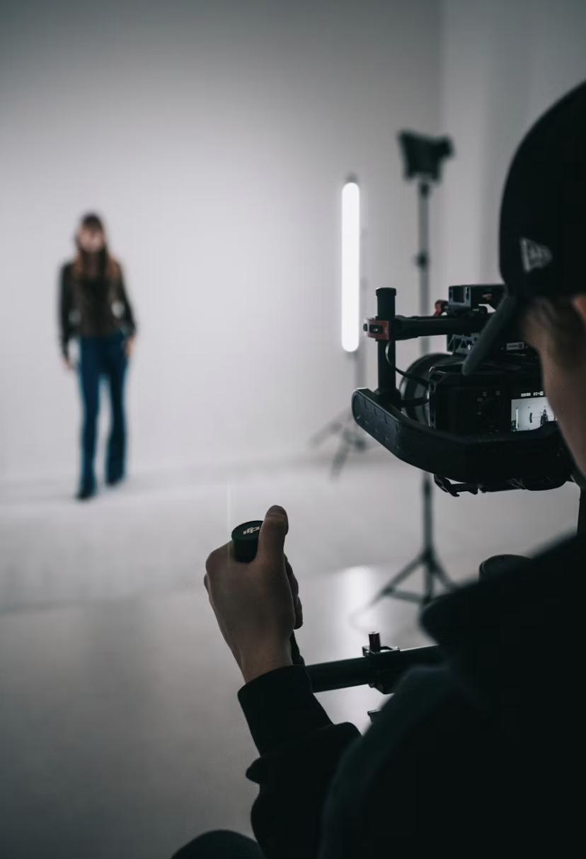 Videographer filming a person in a studio with camera equipment and lights.