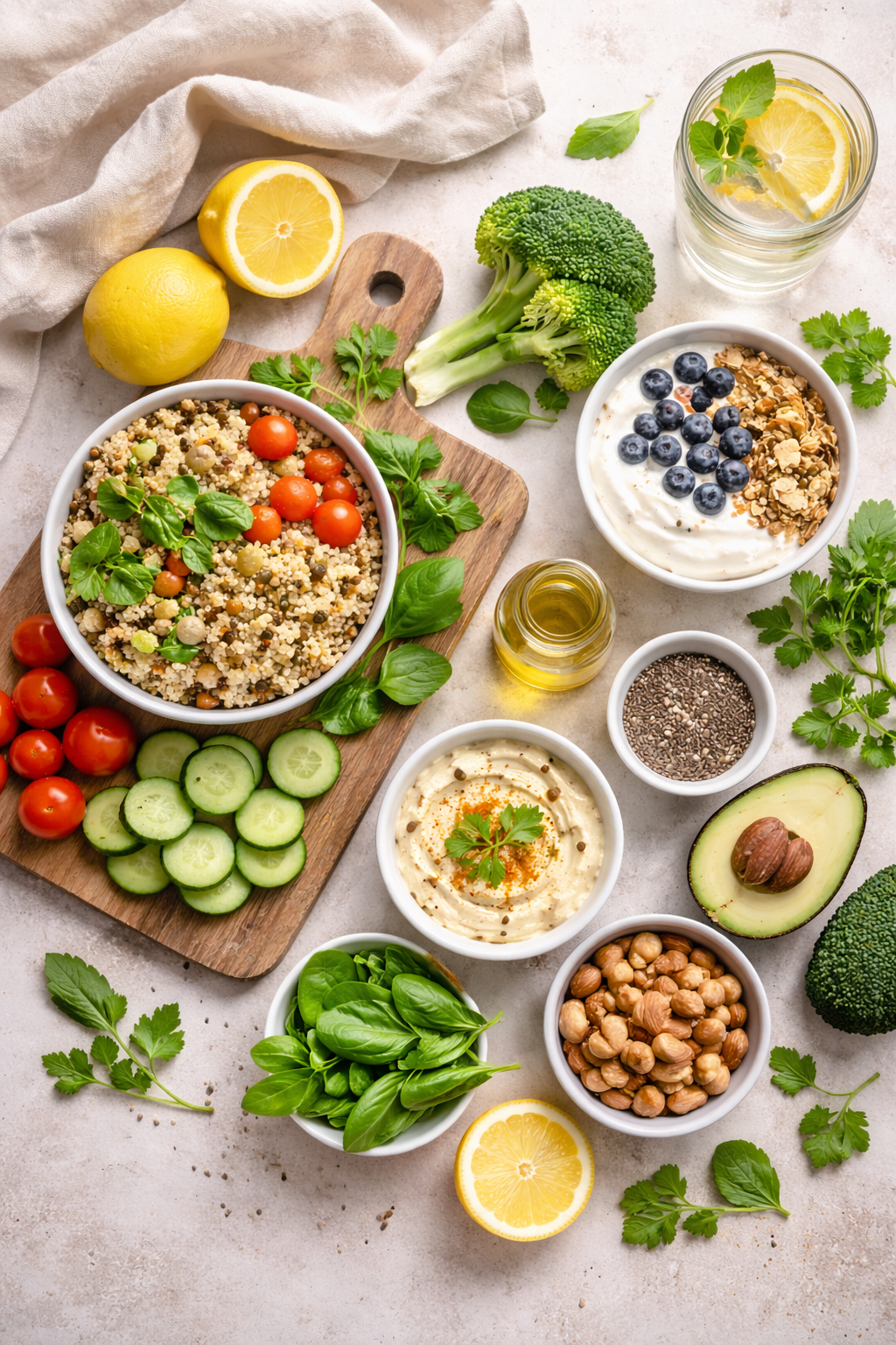 Fresh vegetables, grains, hummus, yogurt topped with blueberries, nuts, and seeds, lemon water, and herbs on a kitchen counter.