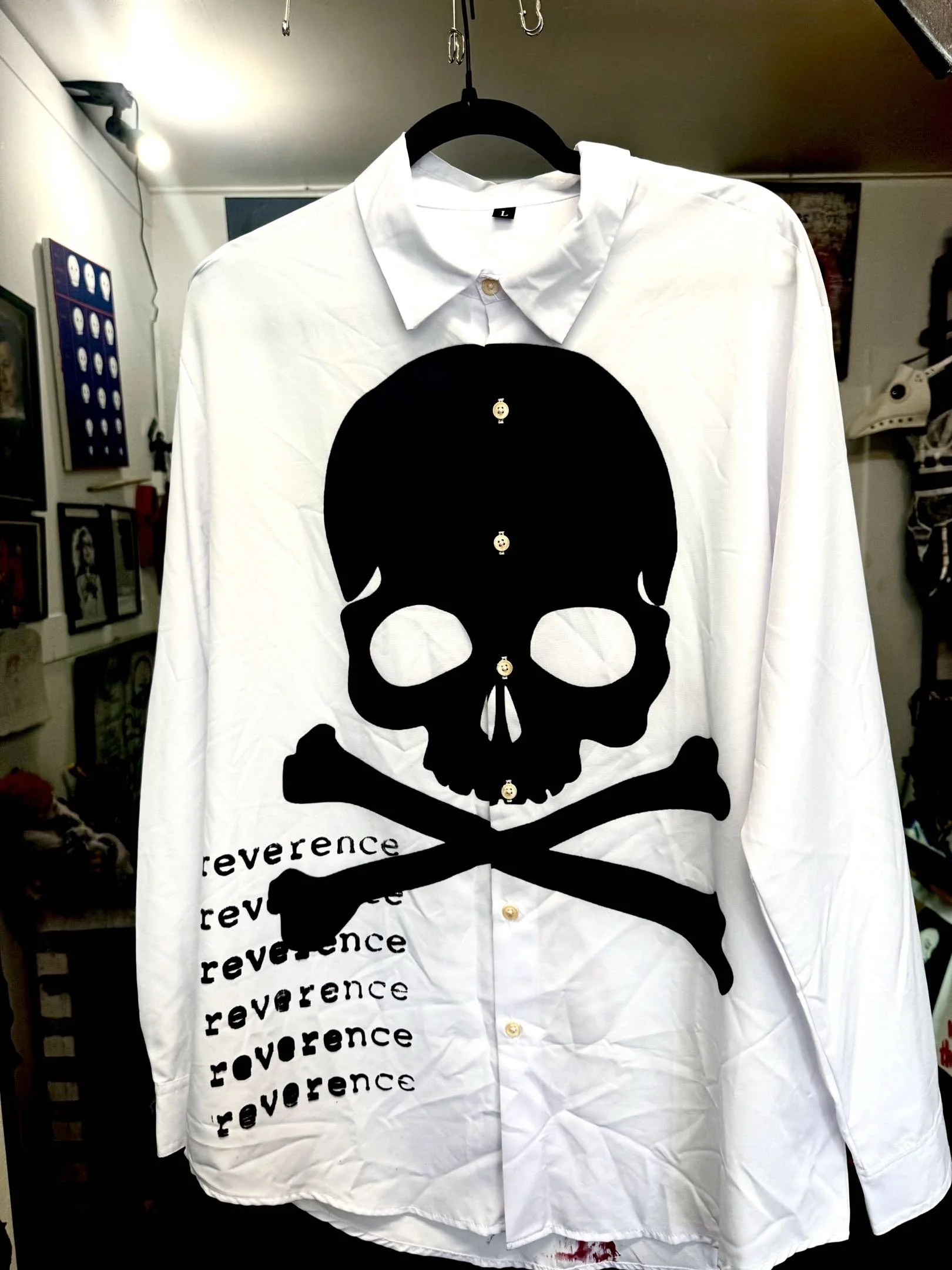 reverence delinquent long-sleeved white collared shirt with black reverence text on bottom of front and large black skull