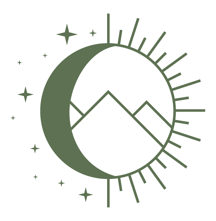 Graphic of a crescent moon, mountains, and sun rays with stars around.
