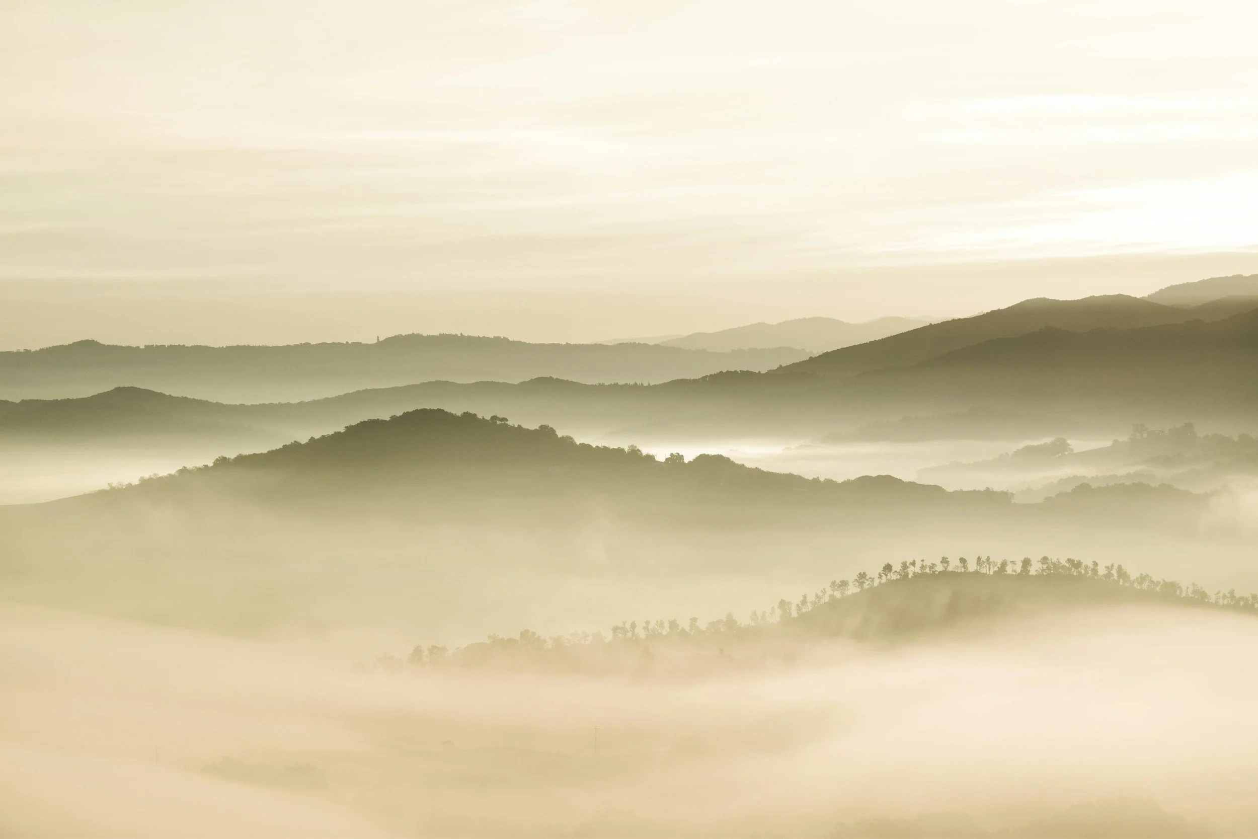 Multiple layers of misty green hills in soft sunlight