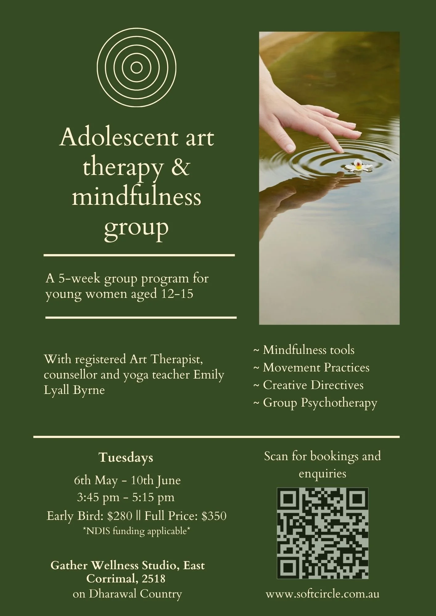 Poster advertising an adolescent art therapy and mindfulness group for young women aged 12 to 15, including a photo of a hand touching water with a flower, and details about the program, schedule, registration, location, and booking QR code.