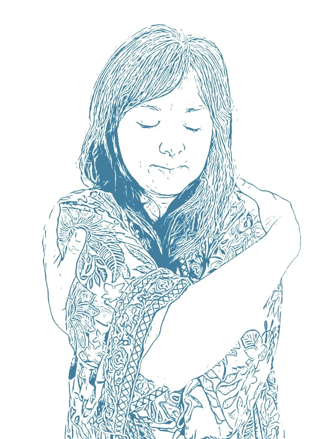Line drawing of a woman with closed eyes, embracing herself, modeling a calming stress reduction practice.