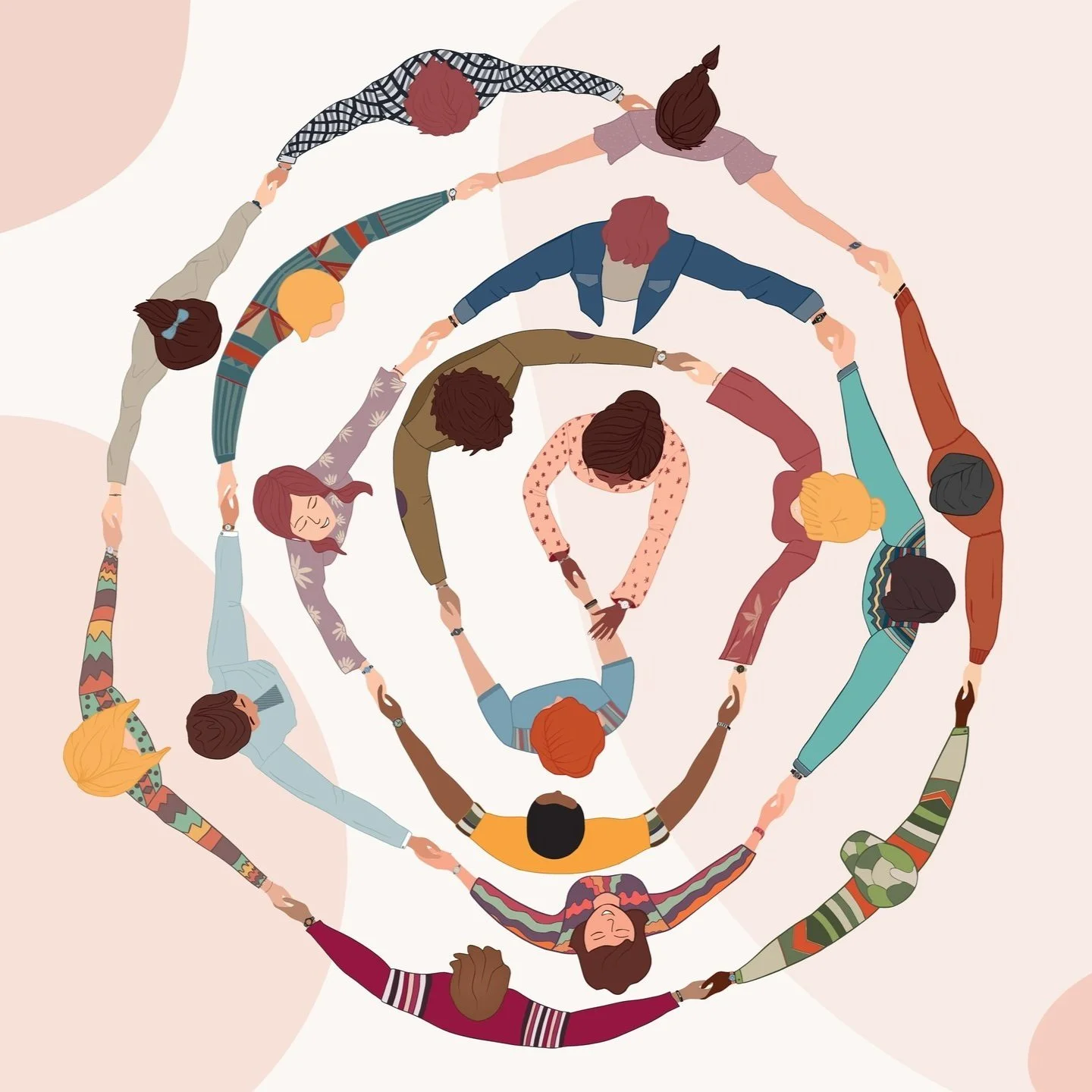An illustrated group of diverse people forming a spiral shape while holding hands, viewed from above.