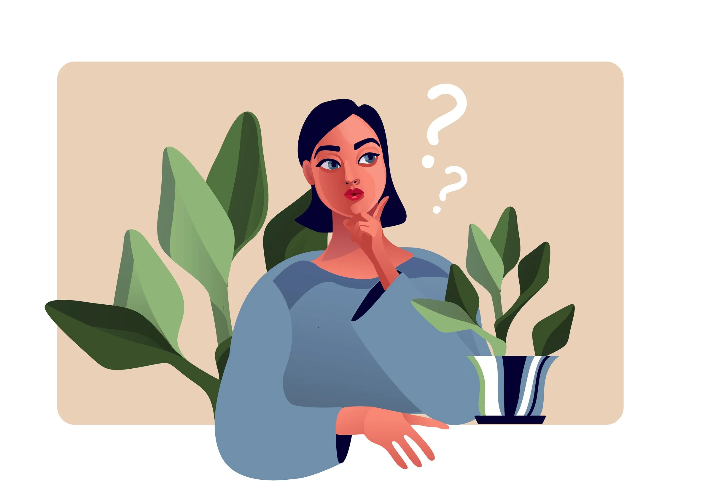 A woman with dark hair and blue eyes thoughtfully looks at a potted plant, with two question marks above her head.