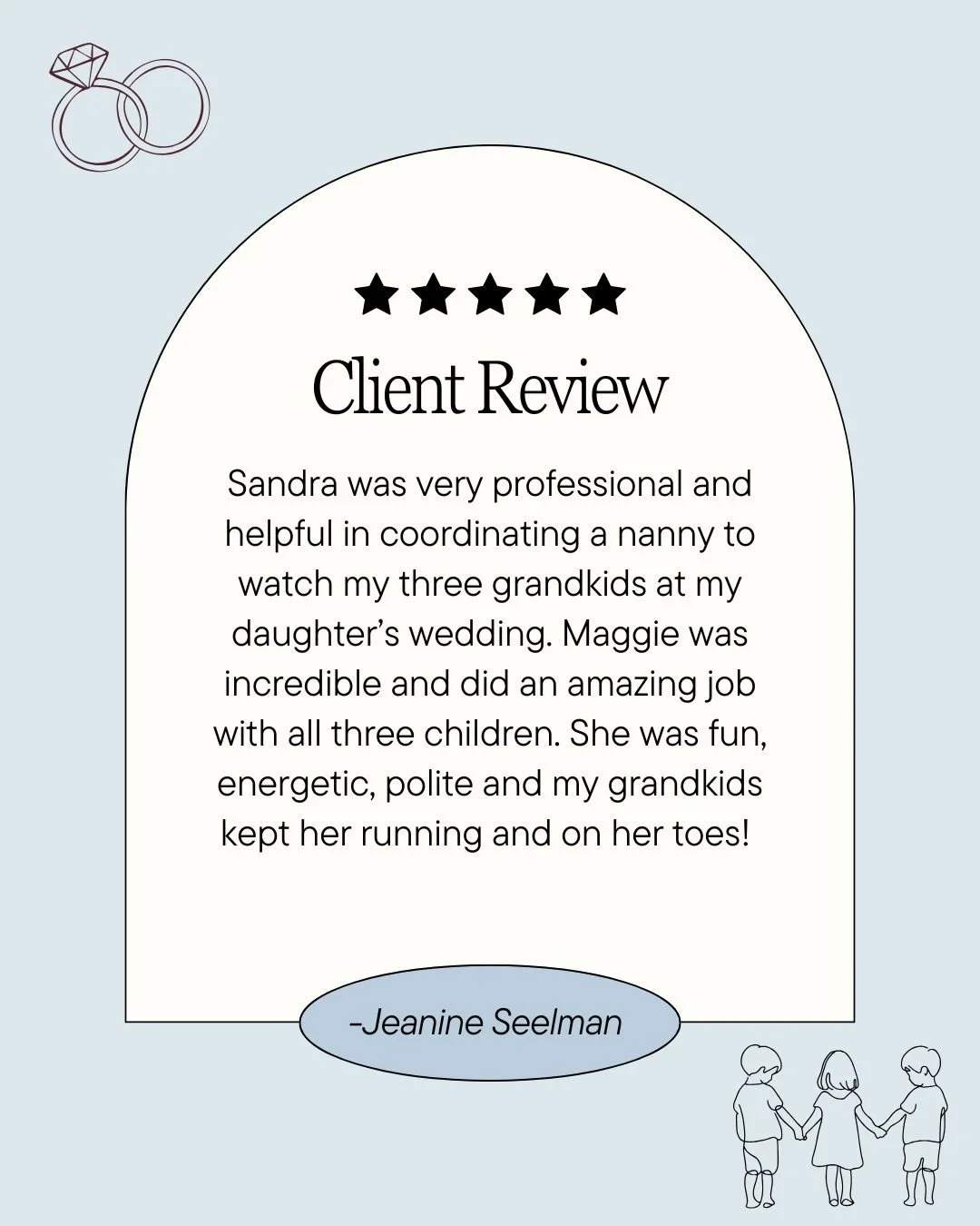 Our wedding nannies truly shine 🤍

Maggie received this glowing review after caring for three little ones at a New Jersey wedding a few months ago.

When you choose us, you&rsquo;re choosing exceptional care, happy kids, and relaxed couples who get 