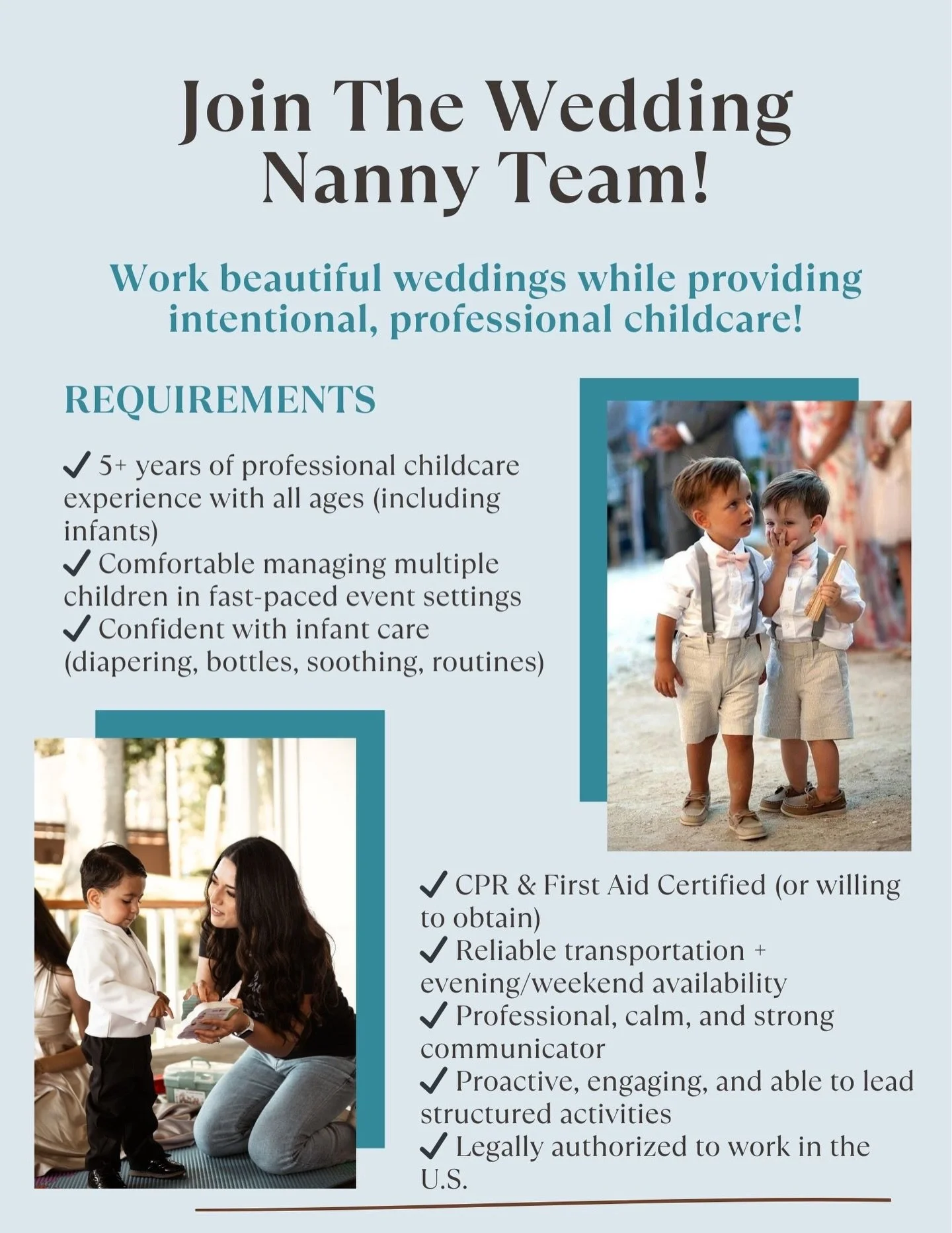 The Wedding Nanny is looking to add ONE amazing Wedding Nanny to our team!

📍 Location Requirement:
Must be based in Westchester, NY or New Jersey (Newark/Kearny area).

We&rsquo;re seeking someone warm, responsible, professional, and confident cari