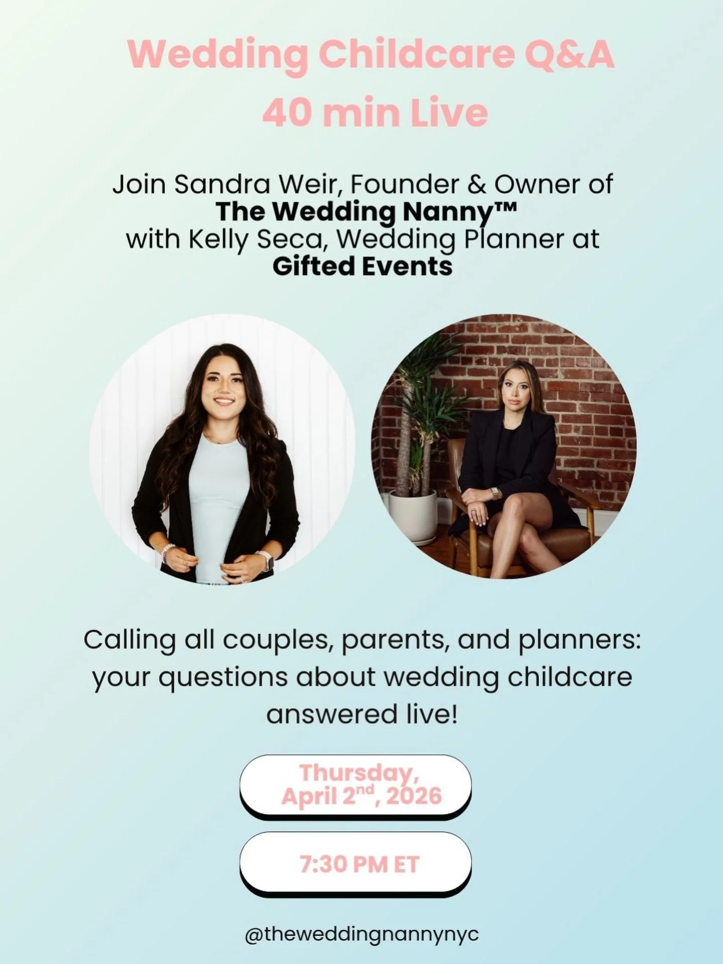 Join us LIVE ✨

I&rsquo;ll be going live with top wedding planner Kelly Seca from Gifted Events on Thursday, April 2nd at 7:30 PM EST to answer all your questions about childcare - weddings, events, and everything in between 🧒🏻💍

How to join? Simp