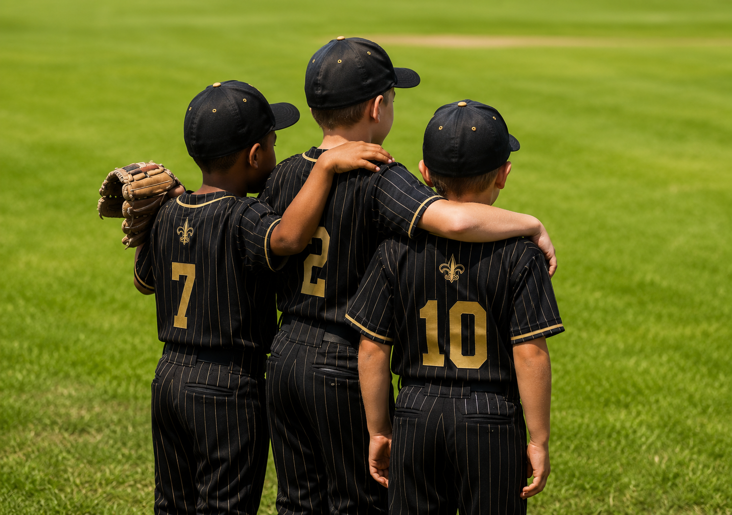 Four young baseball players dressed in black uniforms with gold accents standing on a grassy field, watching a game.