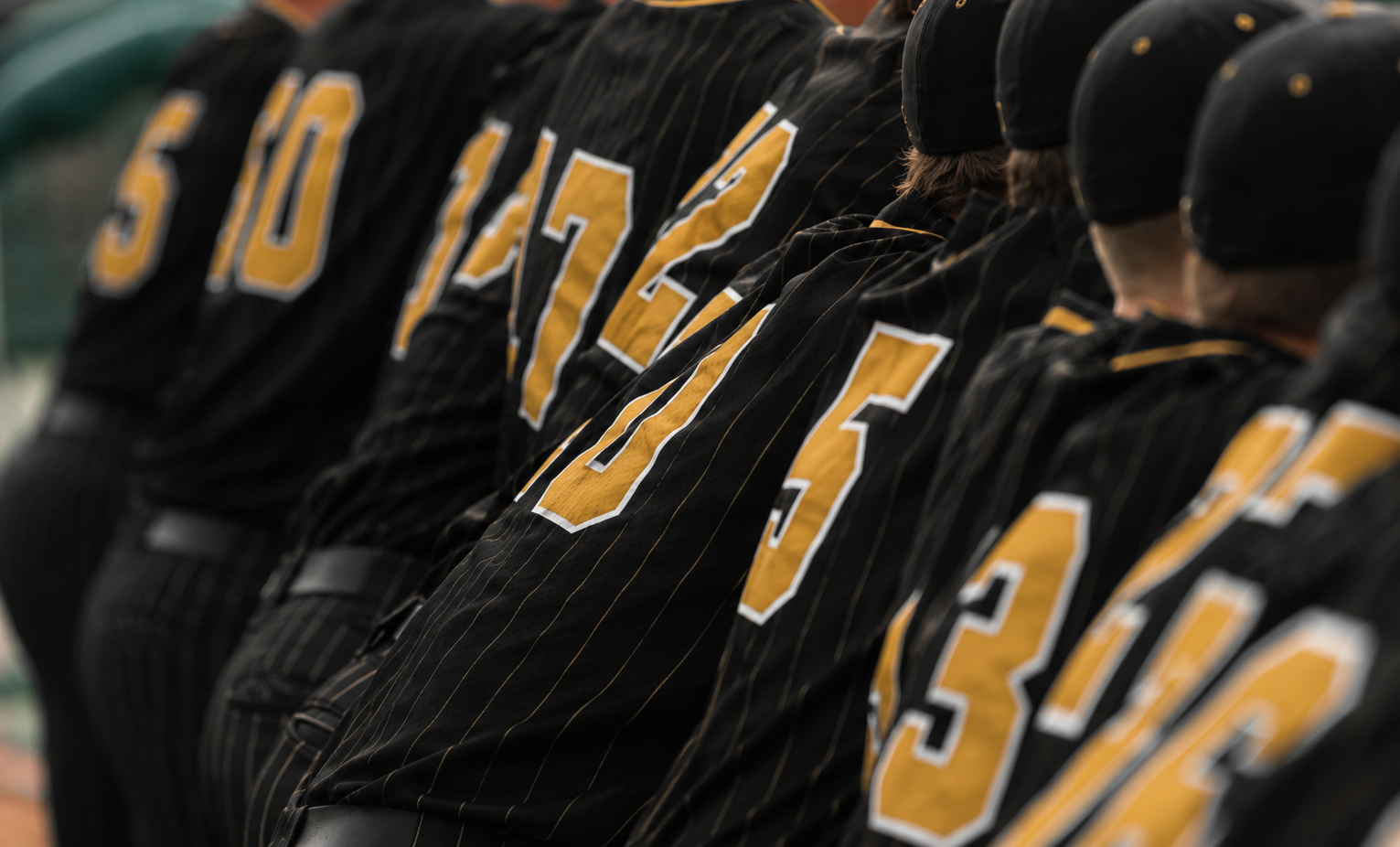 Baseball players wearing black uniforms with gold numbers, standing shoulder to shoulder on a team bench.
