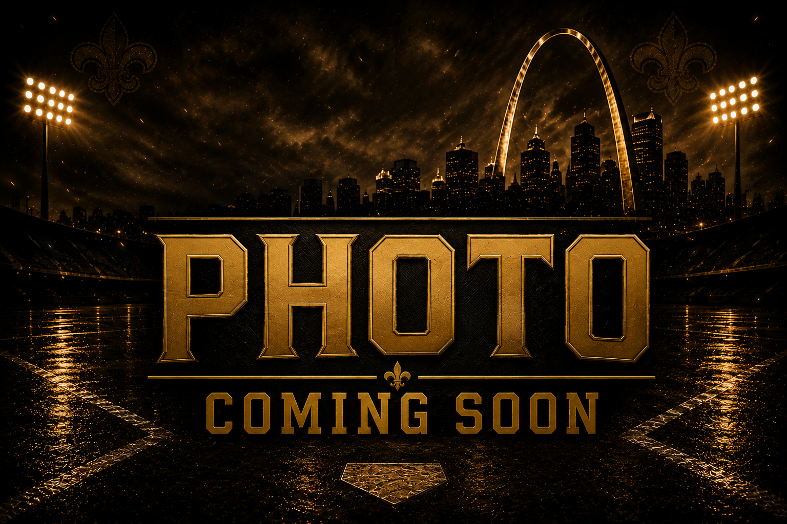 A stadium field at night with city skyline, illuminated light towers, and a golden text overlay reading 'PHOTO COMING SOON'.