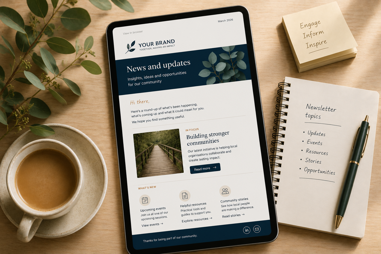 Newsletter content planning and email communications materials.