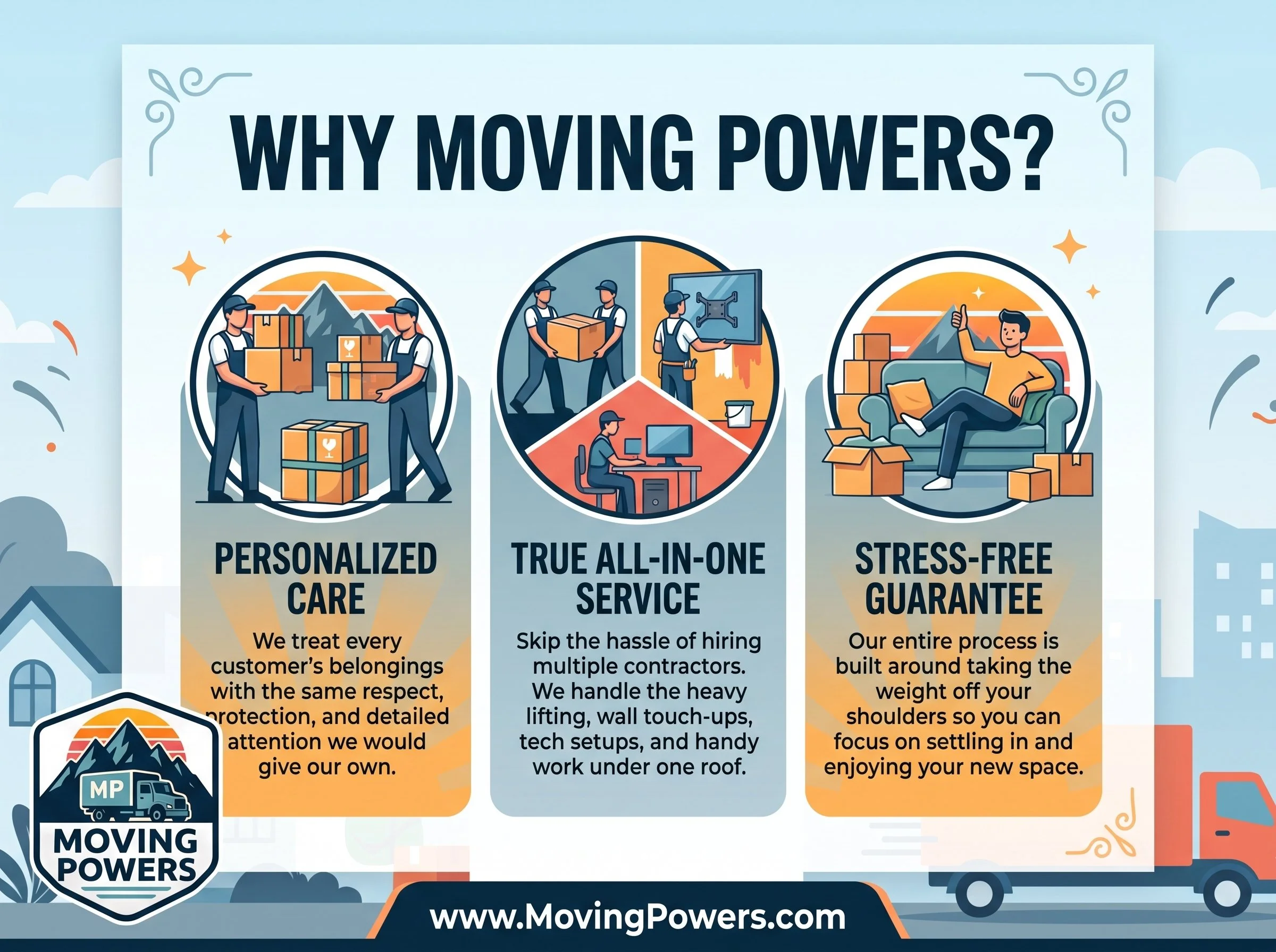 Infographic titled "Why Moving Powers?" with three sections: 1. Personalized Care showing two workers handling boxes, 2. True All-In-One Service with a worker holding a box, computer and wall touch-ups, 3. Stress-Free Guarantee featuring a man relaxing on a sofa surrounded by moving boxes; logo of mountains and a truck at the bottom, website www.MovingPowers.com.