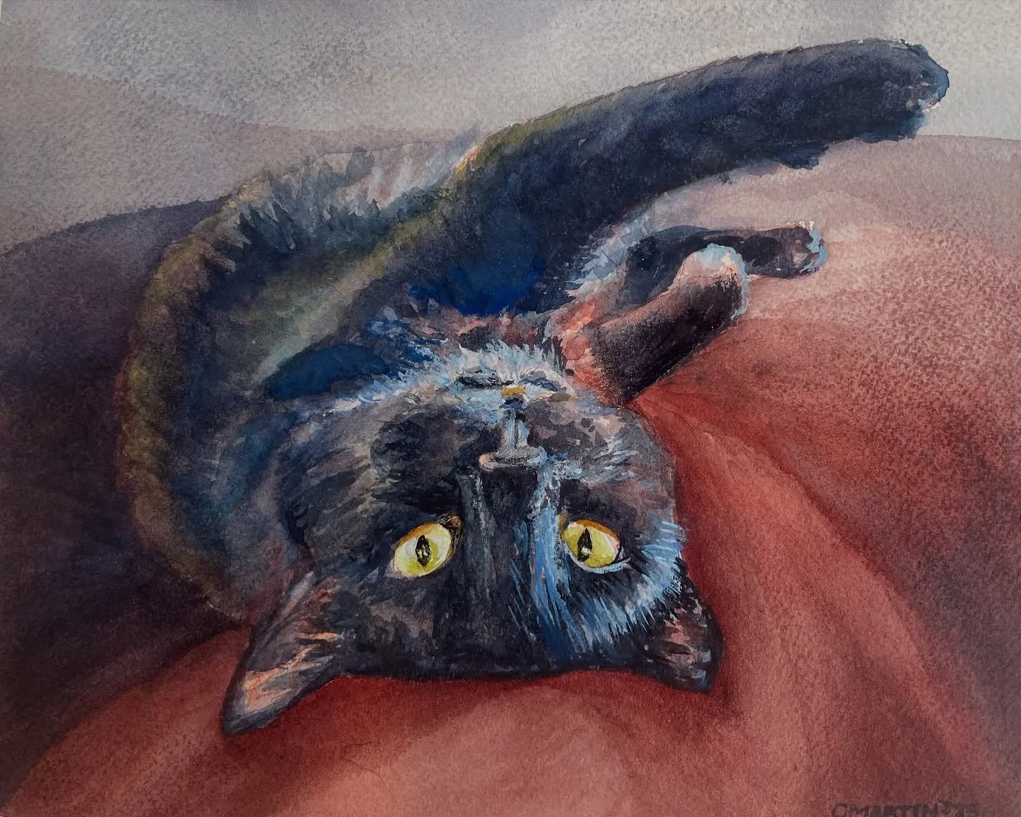 This is my latest custom watercolor pet painting. 

Meet Riga! She is a formerly outdoor feral kitty a little over a year old that &ldquo;adopted&rdquo; Mike, who bid and won a commission I donated to the Humane Society of Silicon Valley&rsquo;s annu