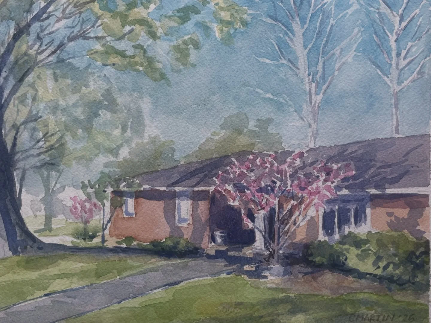 Here is a quick watercolor painting I did of my mother&rsquo;s house in Dallas. She lives on a cul-de-sac street so the house is affectionately called &ldquo;the Circle.&rdquo;

I was in town for my nieces&rsquo;s lovely wedding and it&rsquo;s really