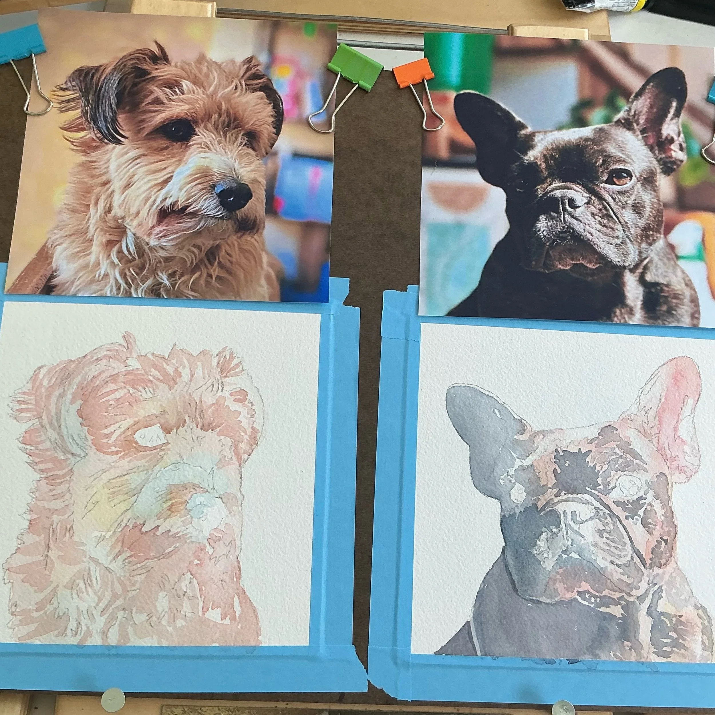Progress shot of two pups I recented painted&hellip;.

#watercolorpetportrait 
#petpainting 
#giftsforpetlovers