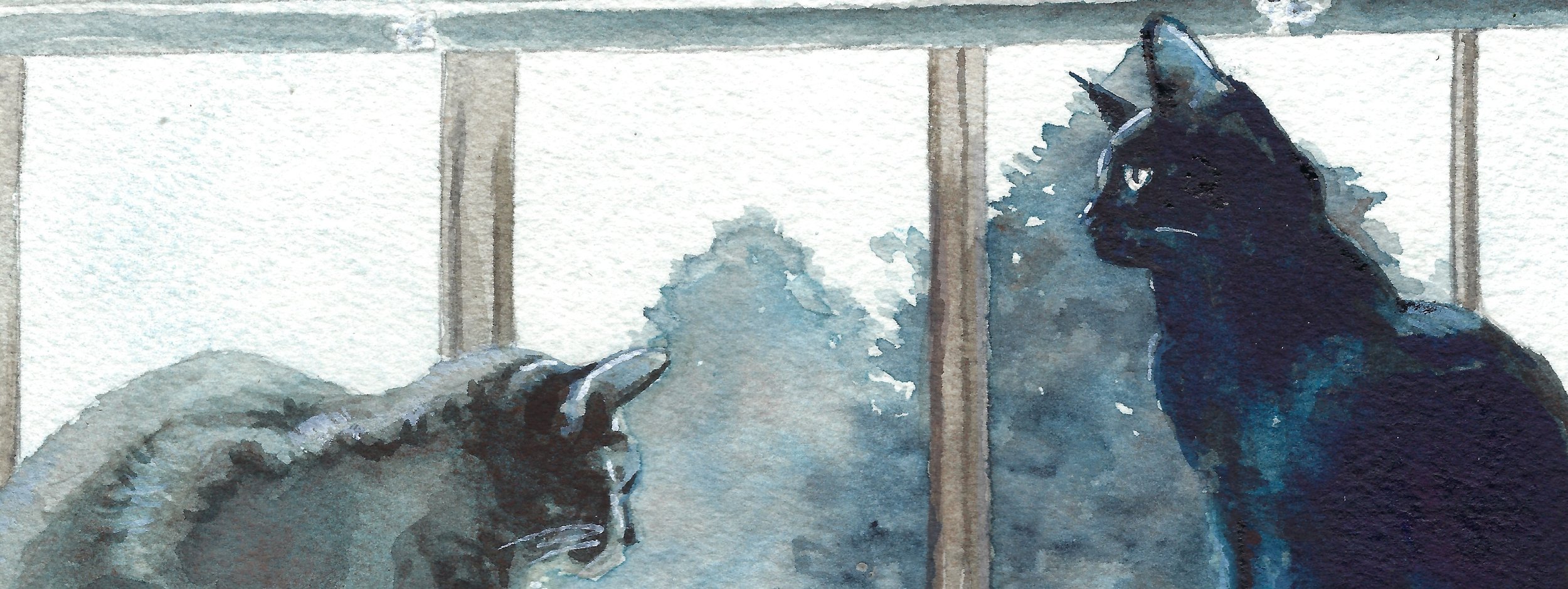 This is an elegant watercolor painting or portrait of two cats in profile in a windowsill, painted by artist Chase Martin who lives in Alameda California and works as a pet portrait artist.