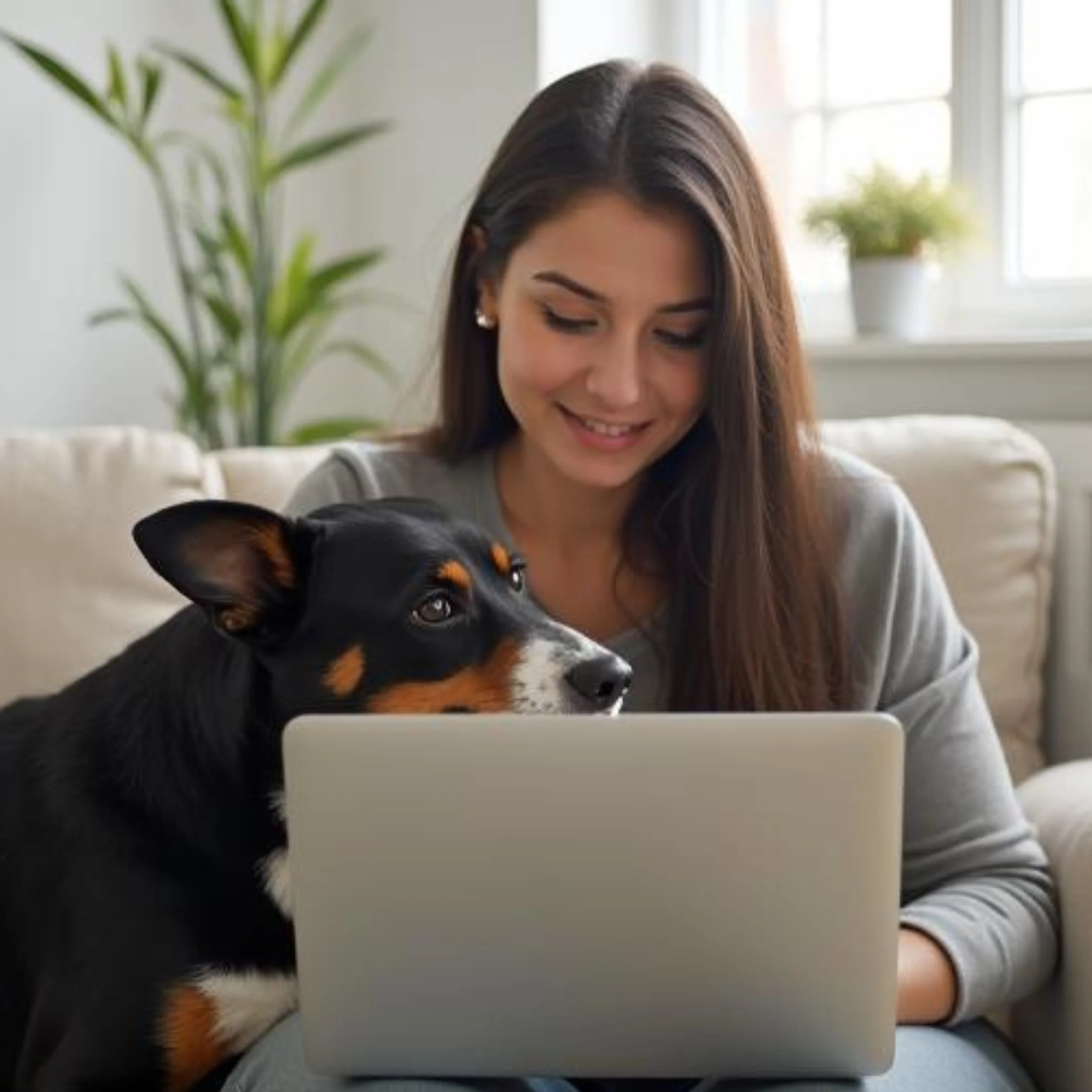 A young woman with long brown hair sitting on a couch looking at a laptop with a black and tan dog beside her. The dog is resting its head on the laptop and looking at the screen. There is a window and some potted plants in the background.