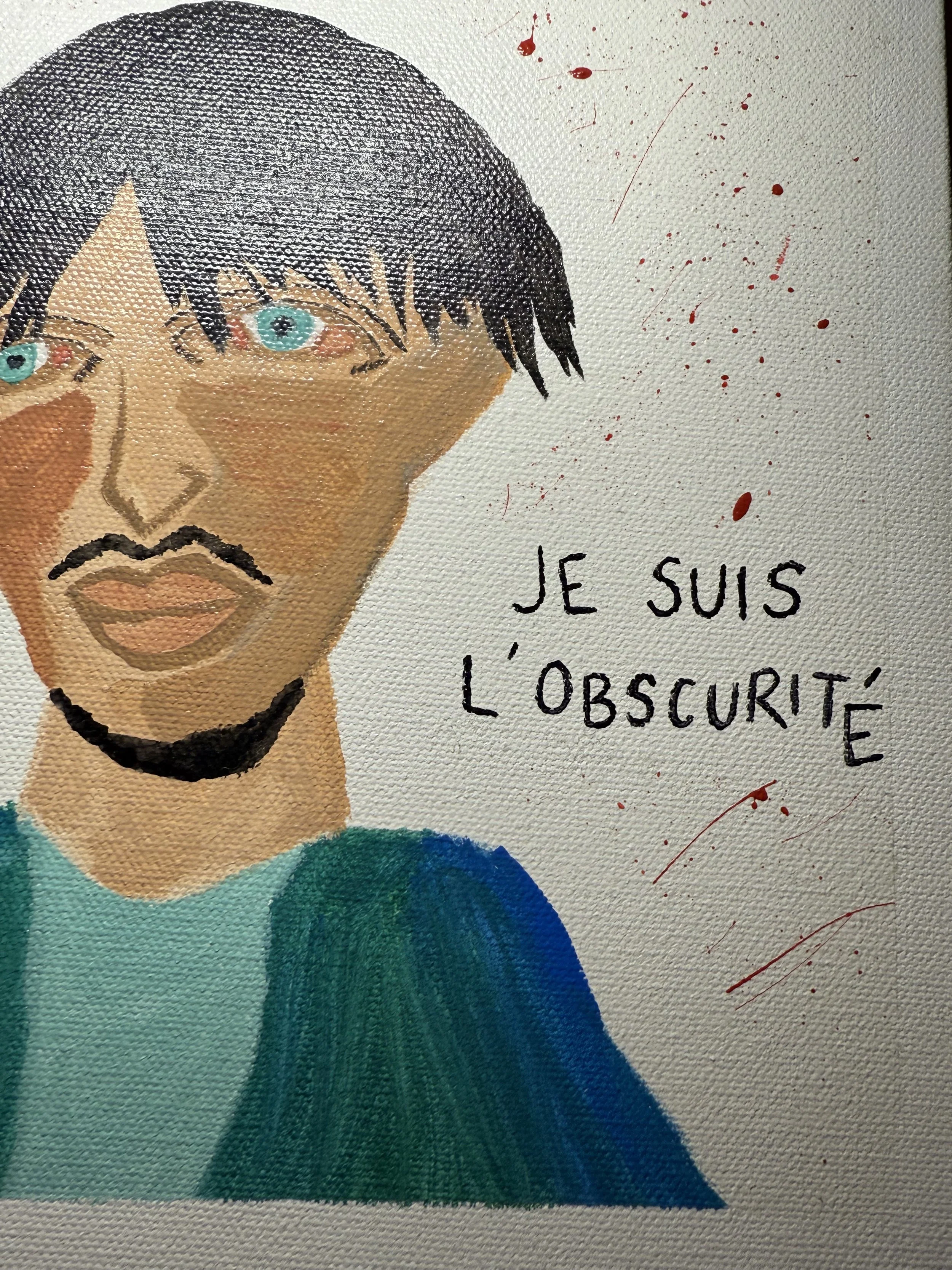A painting of a person with black hair, blue eyes, and a mustache, with blood splatters and the phrase 'JE SUIS L'OBSCURITE' written nearby.