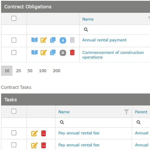 Screenshot of a project management or contract tracking software displaying contract obligations and tasks, including details like annual rental payments and construction operations.