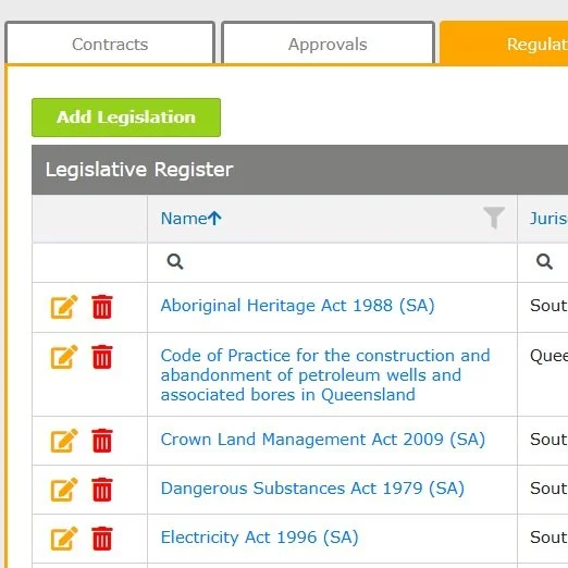 A screenshot of a legislative register webpage showing different laws like Aboriginal Heritage Act 1988, Code of Practice for petroleum wells, Crown Land Management Act 2009, Dangerous Substances Act 1979, and Electricity Act 1996, with icons for editing and deleting entries.