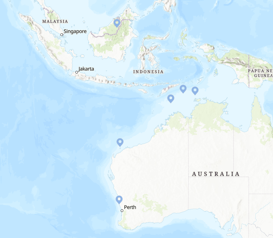 Map of Southeast Asia and Australia showing locations in Indonesia, Papua New Guinea, Malaysia, Singapore, Jakarta, and Perth, with markers around the Indonesian archipelago and the coast of Australia.