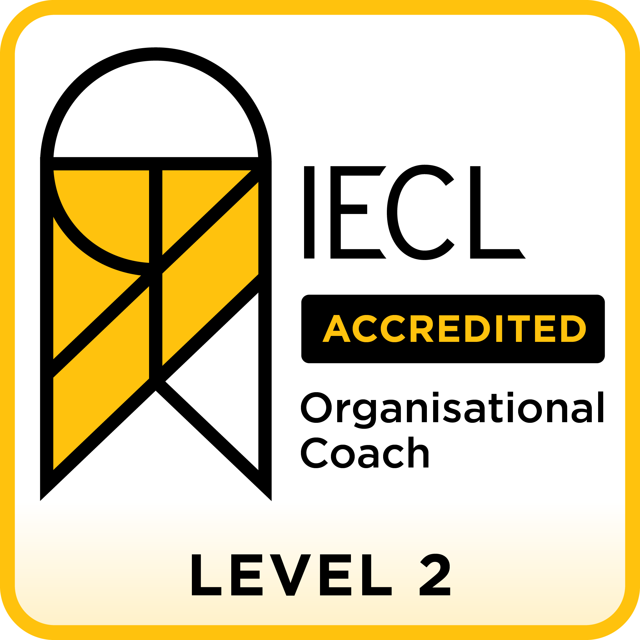 IECL Accredited Organizational Coach Level 2 badge with yellow and black design elements.