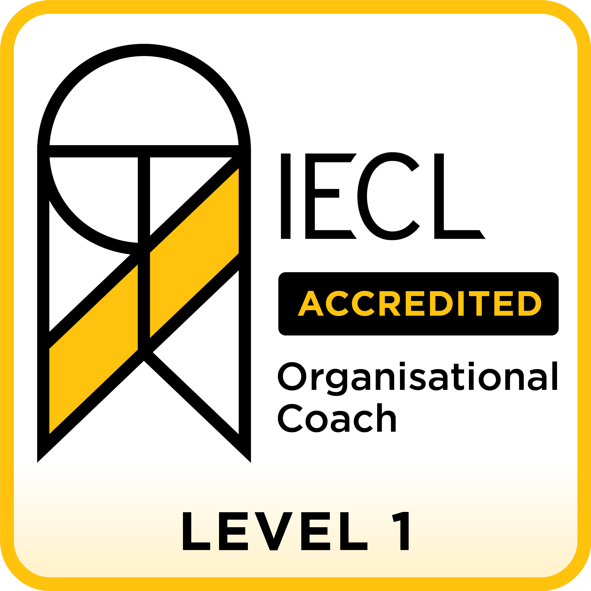 IECL Level 1 Accredited Organizational Coach badge with yellow and black design.