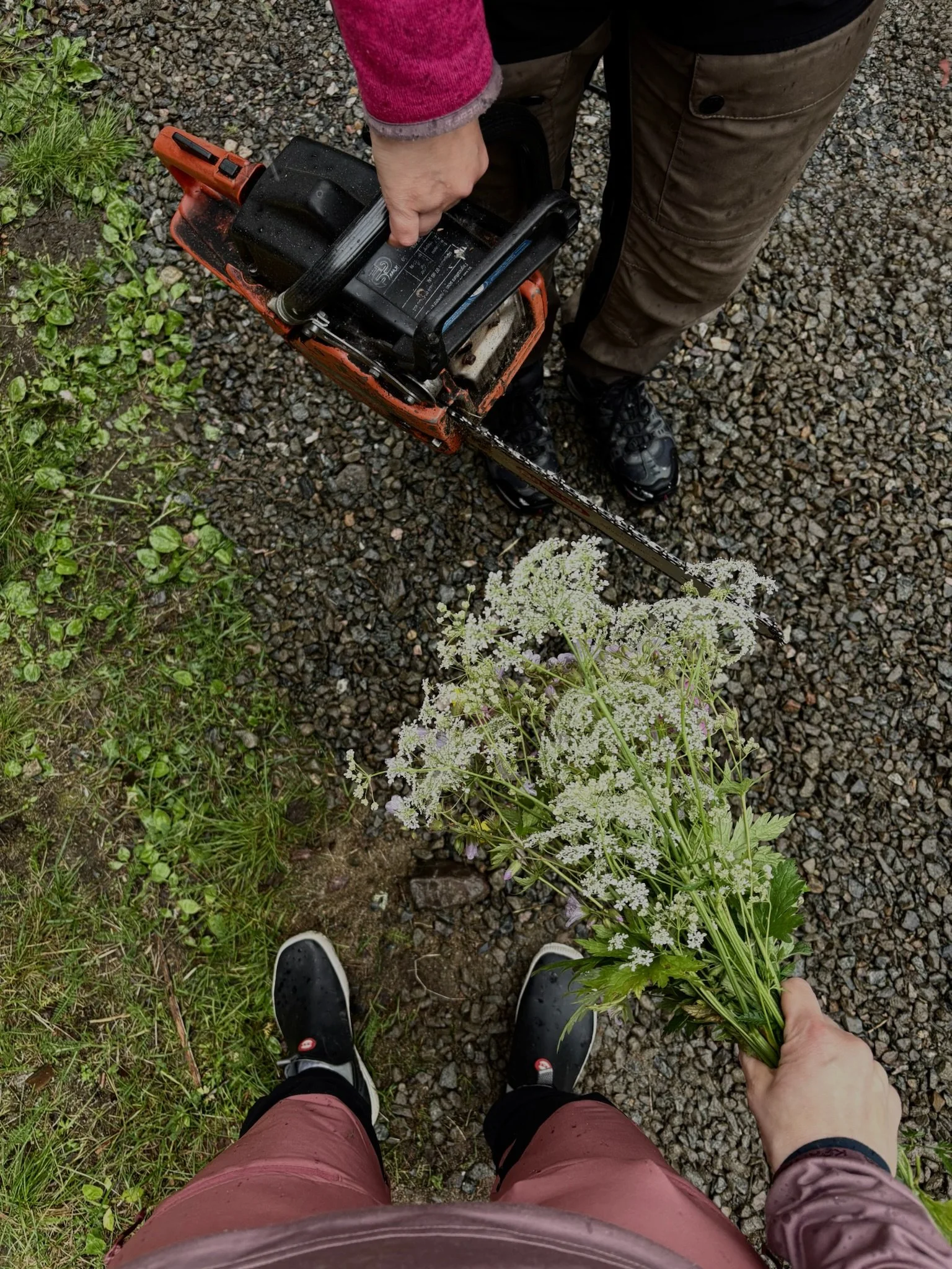 Kuvassa kaksi henkilö seisoo vastakkain, toinen moottorisaha kädessä ja toinen kukkakimppu