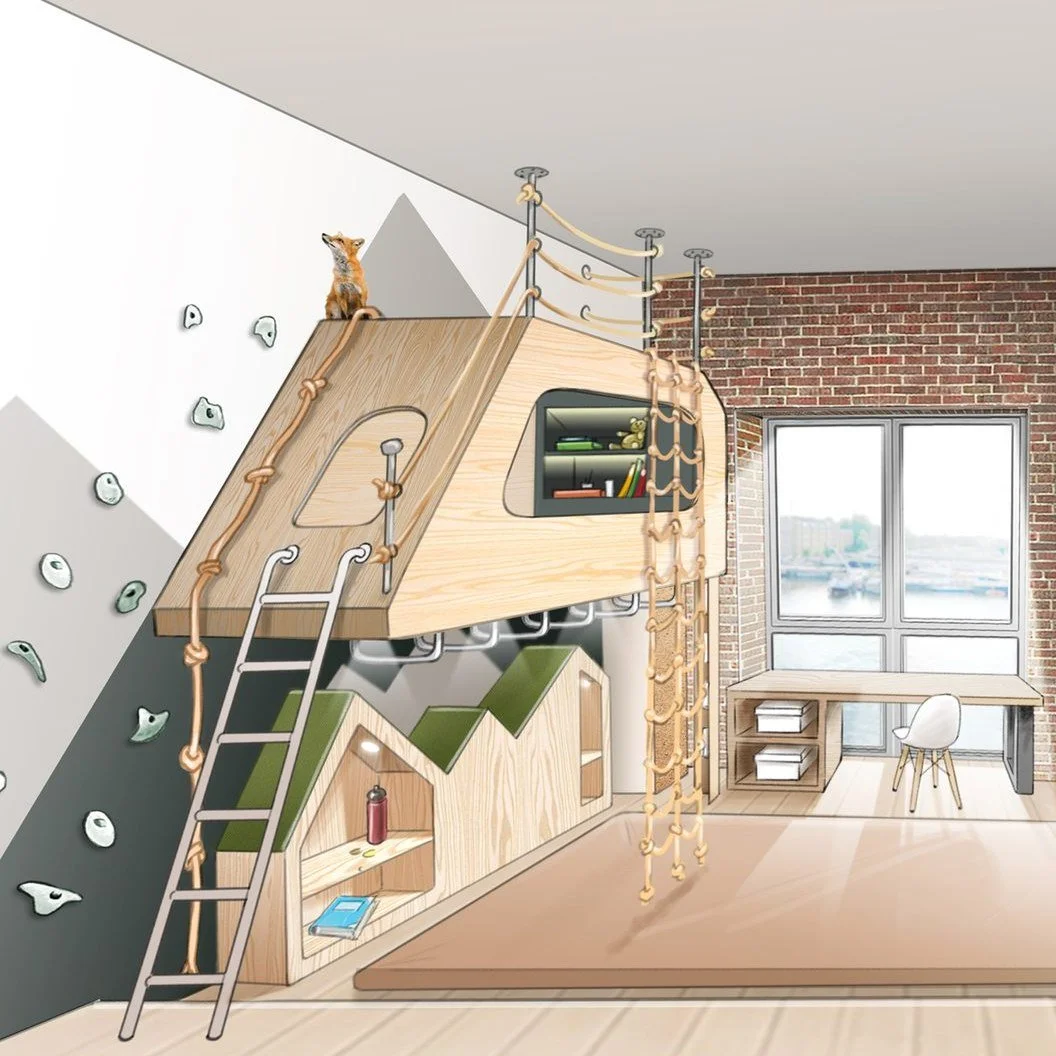Berge und Klettern als Ausgleich zum Hausaufgabenmachen: Gemeinsam mit meinen Kunden visualisieren wir den zuk&uuml;nftigen Wohlf&uuml;hlraum ihrer Kinder. Wir besprechen, welche Materialien ihren W&uuml;nschen entsprechen und welche Kombinationen si