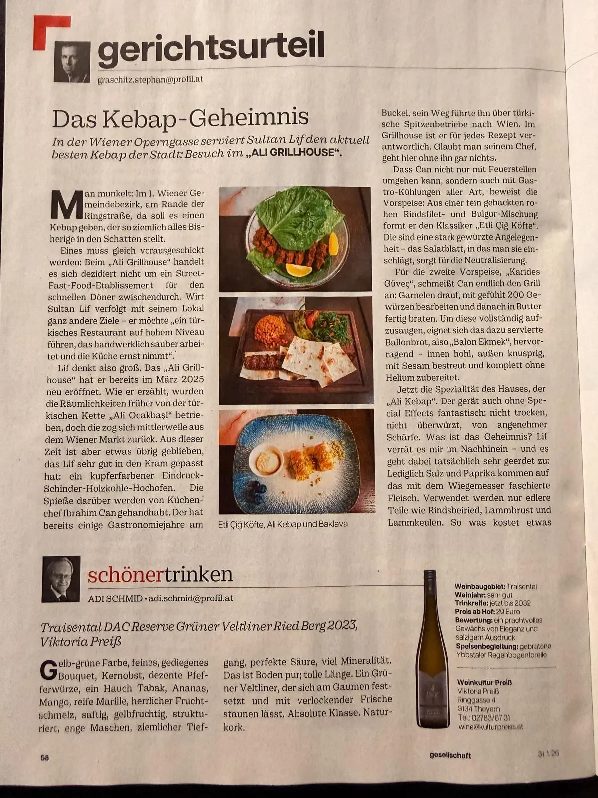 Zeitungsartikel über das Restaurant 'Ali Grillhouse' mit Bildern von Kebap-Gerichten und einem Wein. Der Artikel beschreibt die Küche, Spezialitäten und den Service des Restaurants.